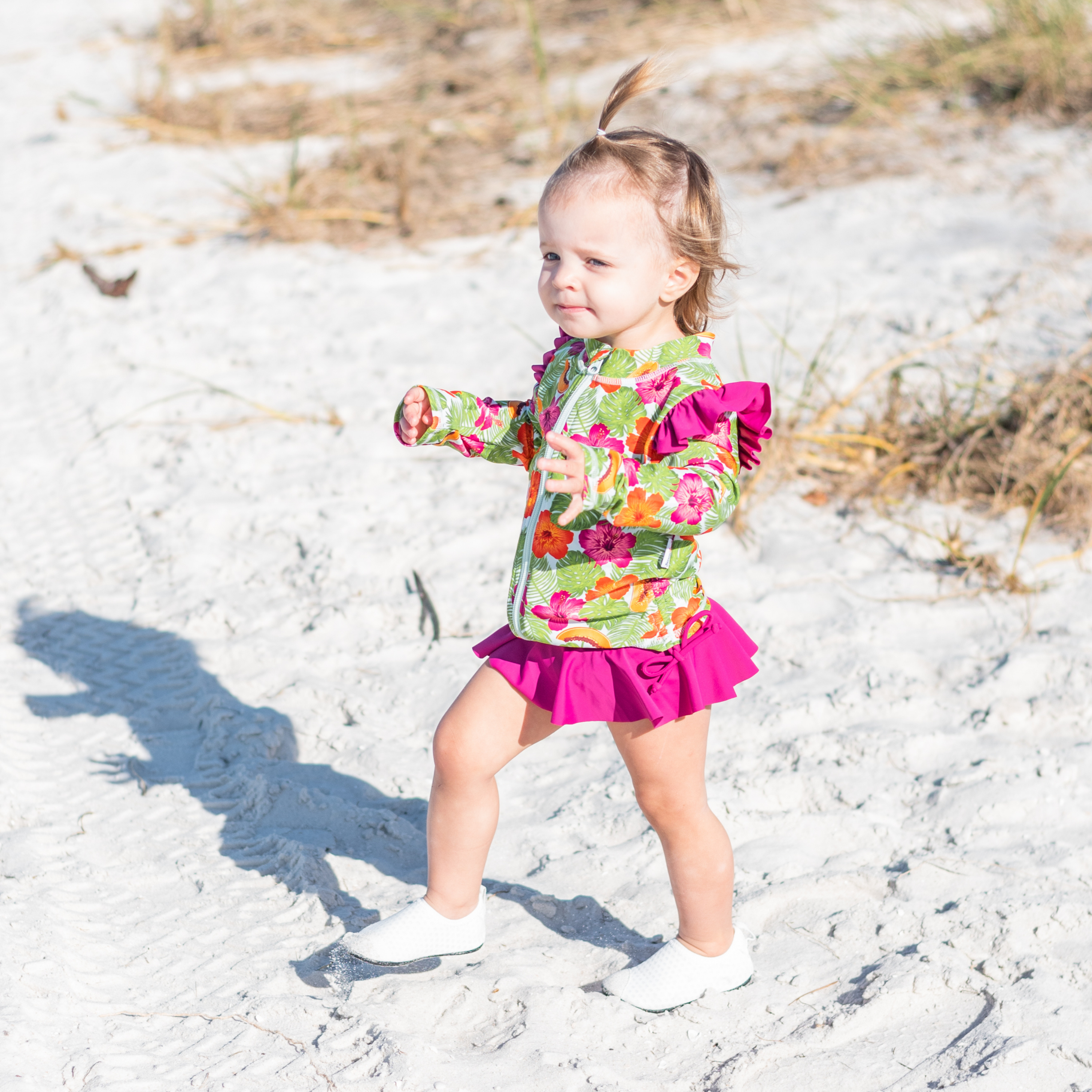 Girls Long Sleeve Rash Guard Ruffle Bottom Swimsuit Set (2 Piece) | "Hibiscus"-SwimZip UPF 50+ Sun Protective Swimwear & UV Zipper Rash Guards-pos2