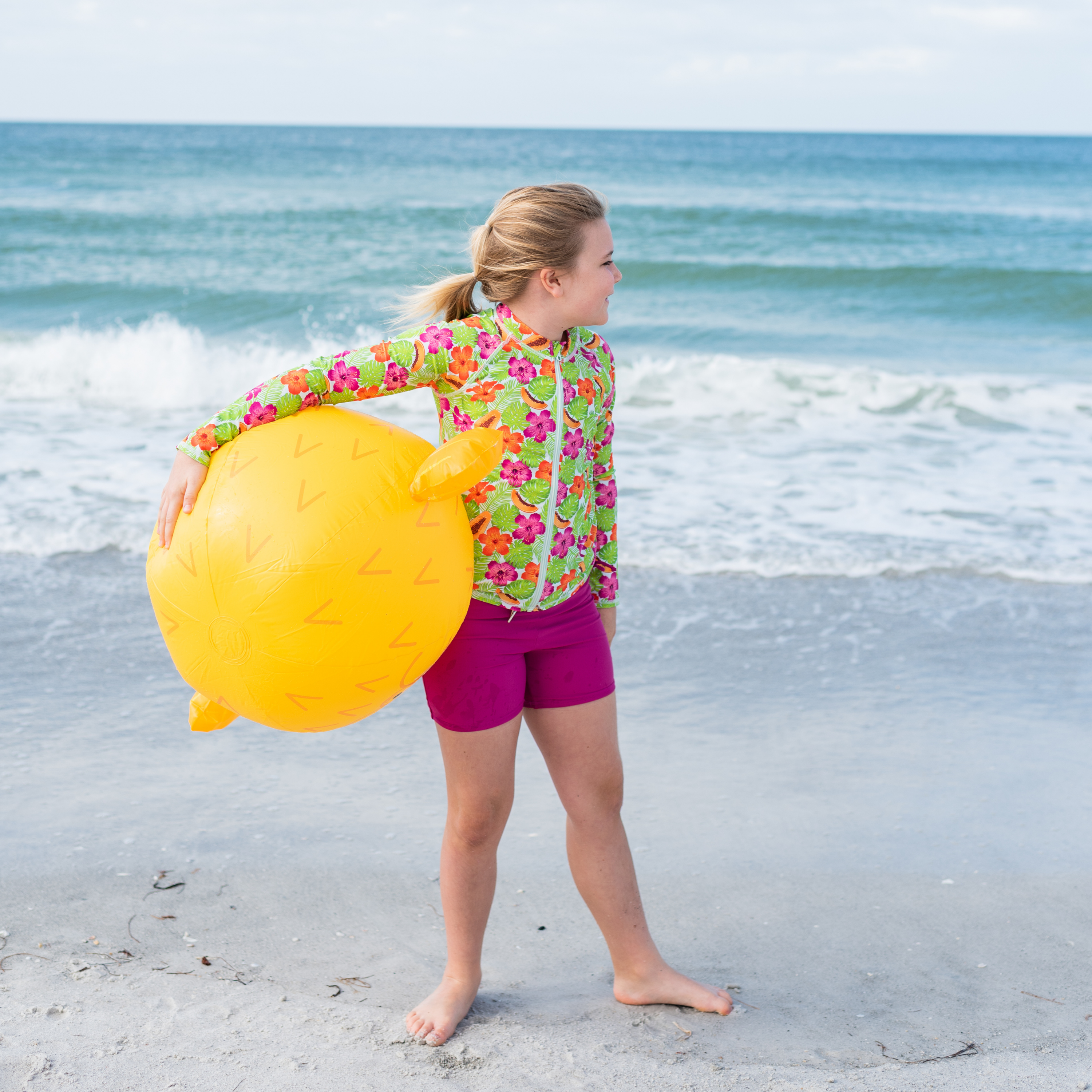 Girls Long Sleeve Rash Guard + Tankini Shorts Set (3 Piece) | "Hibiscus"-SwimZip UPF 50+ Sun Protective Swimwear & UV Zipper Rash Guards-pos2