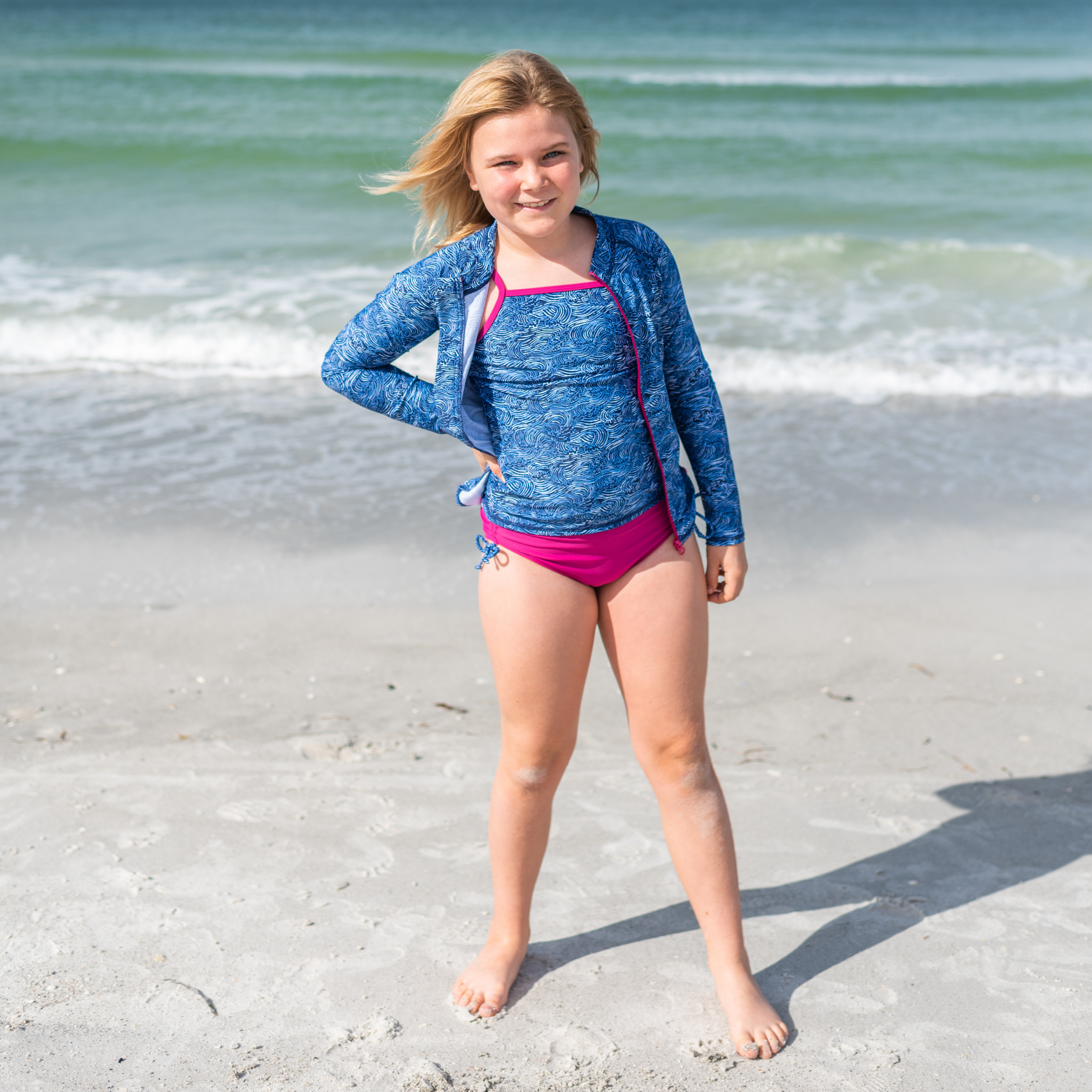 Girls Long Sleeve Rash Guard + Tankini Bikini Set (3 Piece) | "Ocean Breeze"-SwimZip UPF 50+ Sun Protective Swimwear & UV Zipper Rash Guards-pos2
