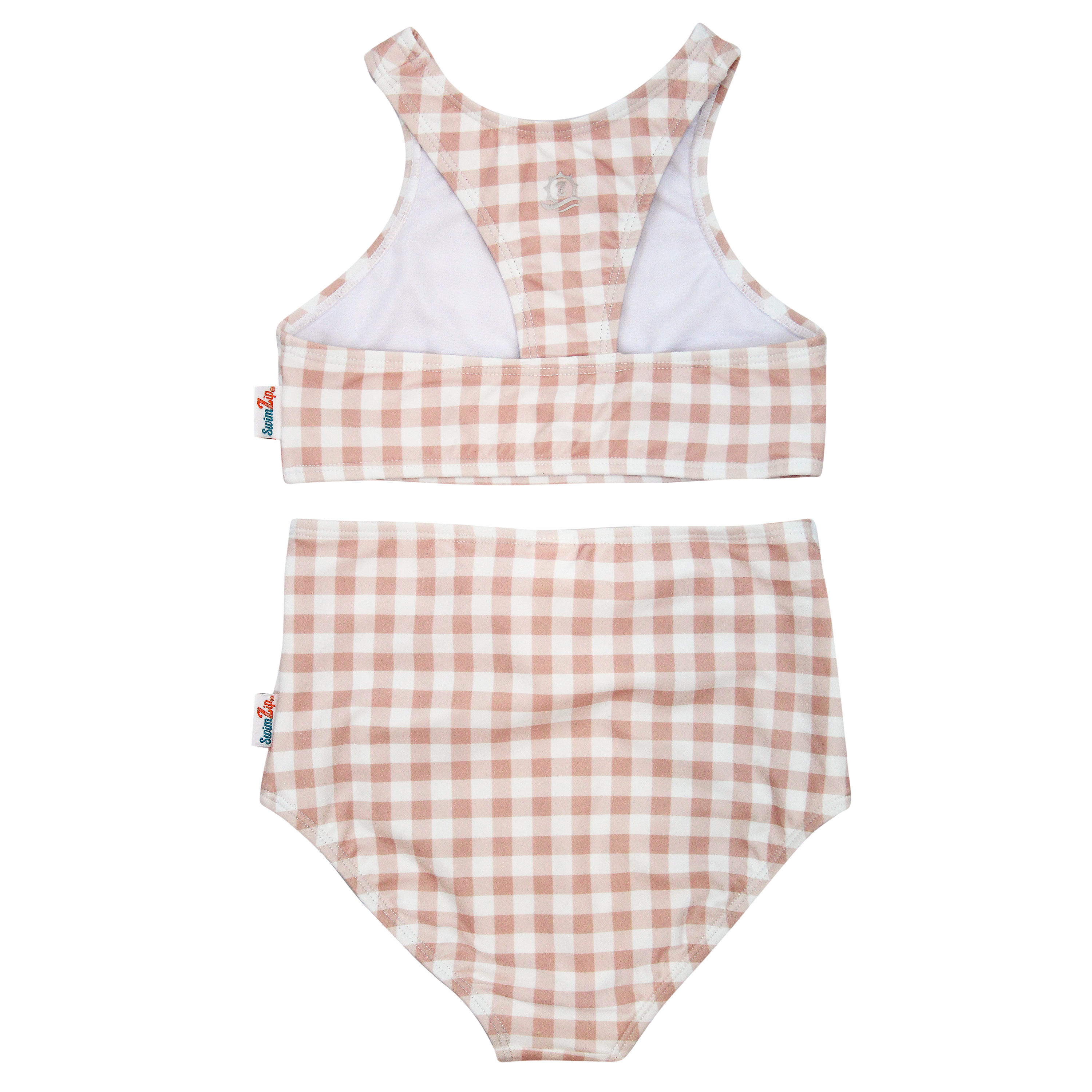 Girls Halter Top High-Waisted Set (2 Piece) | "Tied with a Bow" Pink Gingham-SwimZip UPF 50+ Sun Protective Swimwear & UV Zipper Rash Guards-pos18