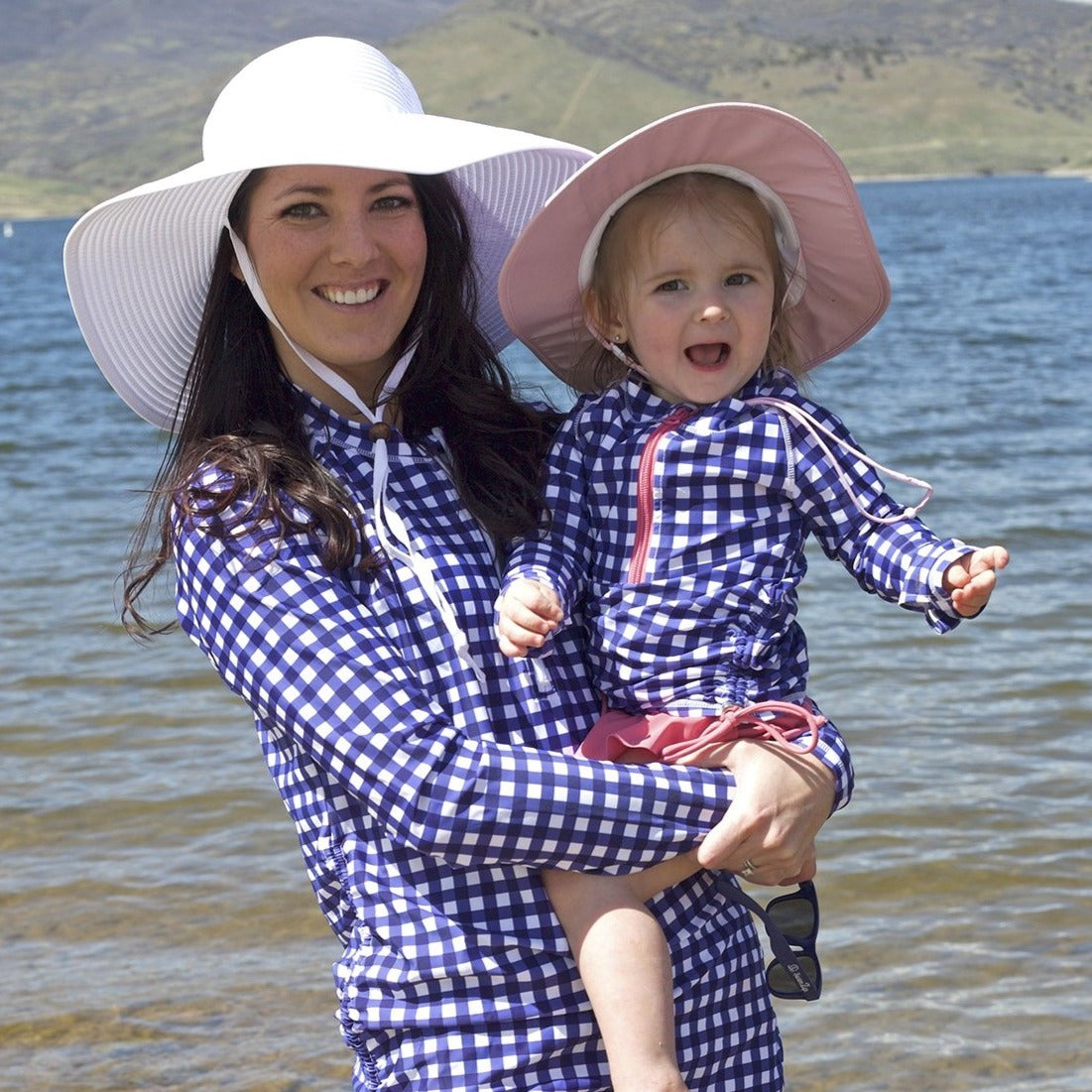 Girls Long Sleeve Rash Guard Ruffle Bottom Swimsuit Set (2 Piece) | "Navy Gingham"-SwimZip UPF 50+ Sun Protective Swimwear & UV Zipper Rash Guards-pos4