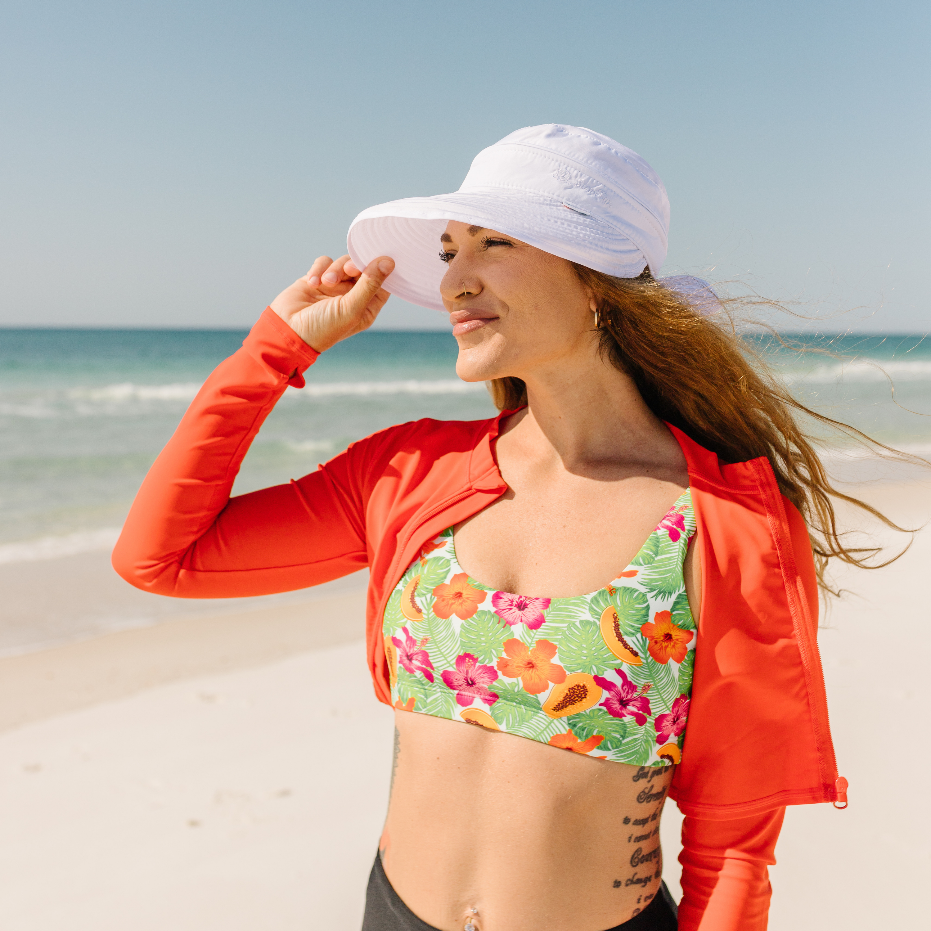 Women's Zip Off Adjustable Sun Visor + Sun Hat - White-SwimZip UPF 50+ Sun Protective Swimwear & UV Zipper Rash Guards-pos2