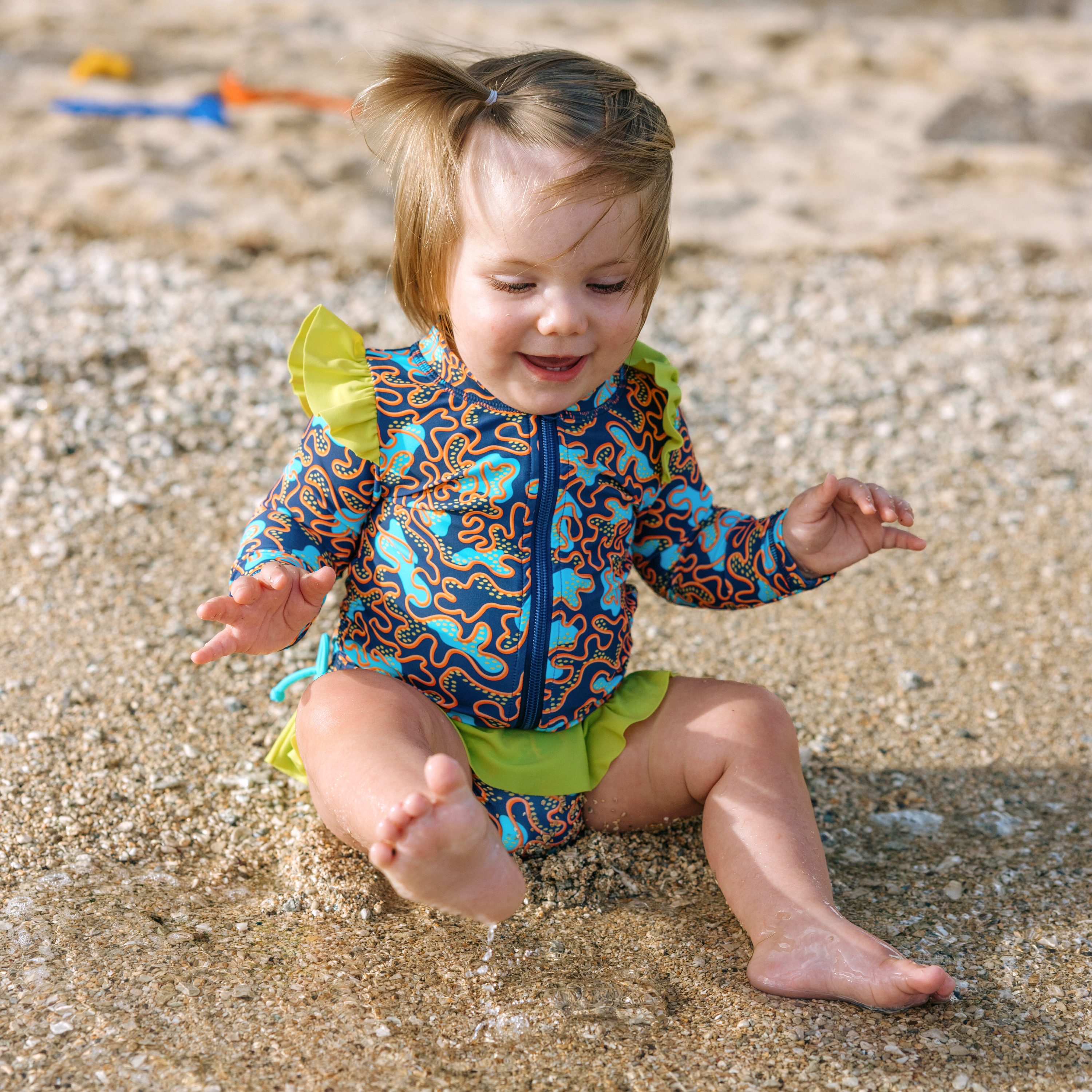 Girls Long Sleeve Rash Guard Ruffle Bottom Swimsuit Set (2 Piece) | "Deep Dive"-SwimZip UPF 50+ Sun Protective Swimwear & UV Zipper Rash Guards-pos7