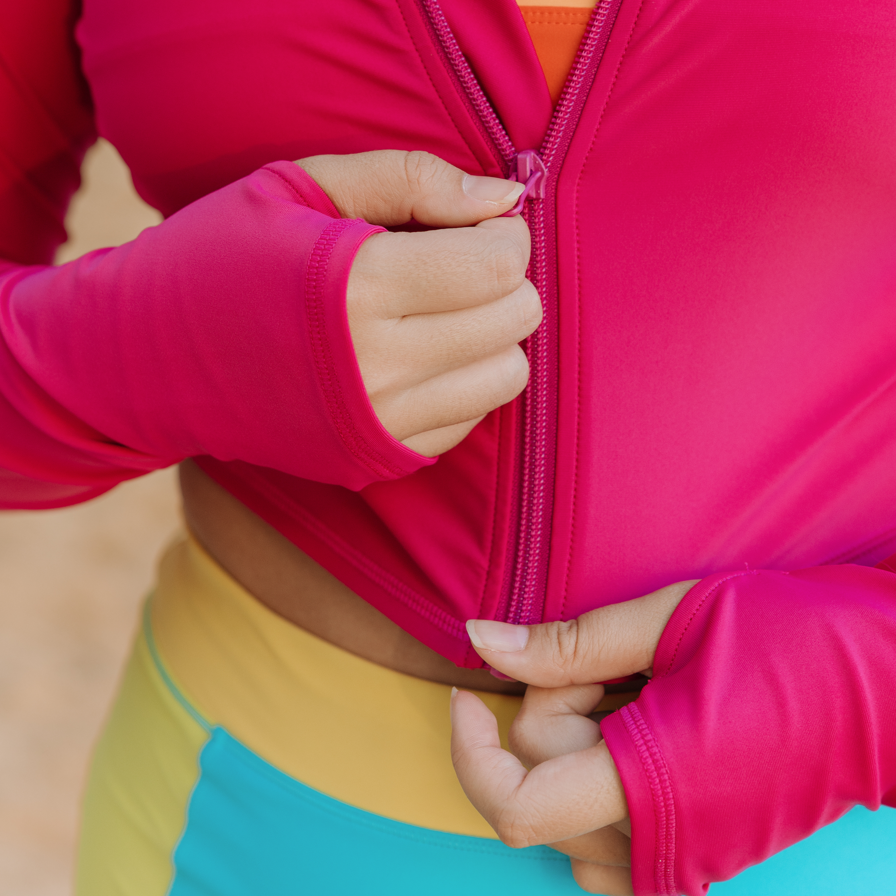 Women's Long Sleeve Crop Rash Guard | “Fuchsia”-SwimZip UPF 50+ Sun Protective Swimwear & UV Zipper Rash Guards-pos3