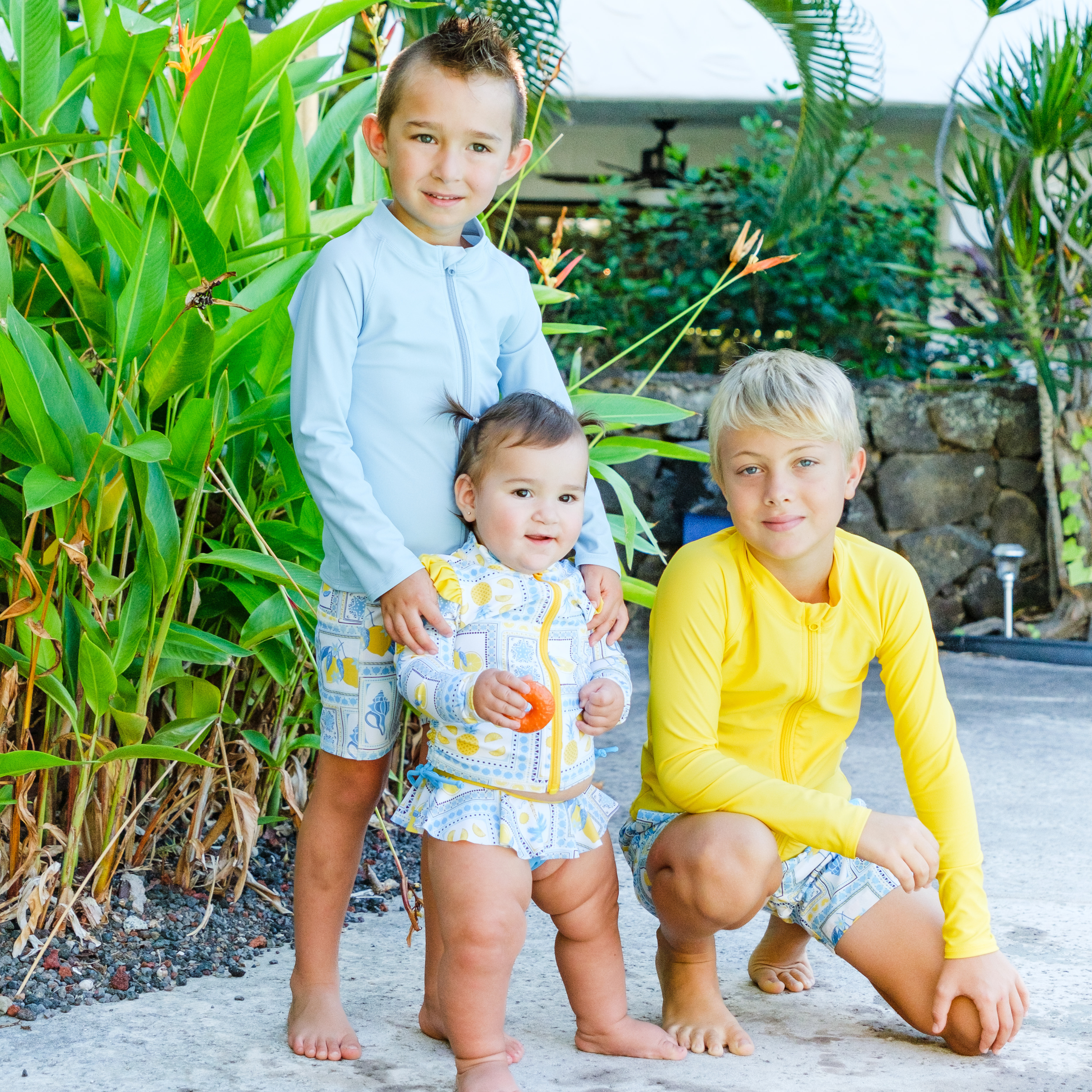 Girls Long Sleeve Rash Guard Ruffle Bottom Swimsuit Set (2 Piece) | "Mediterranean Lemons"-SwimZip UPF 50+ Sun Protective Swimwear & UV Zipper Rash Guards-pos3