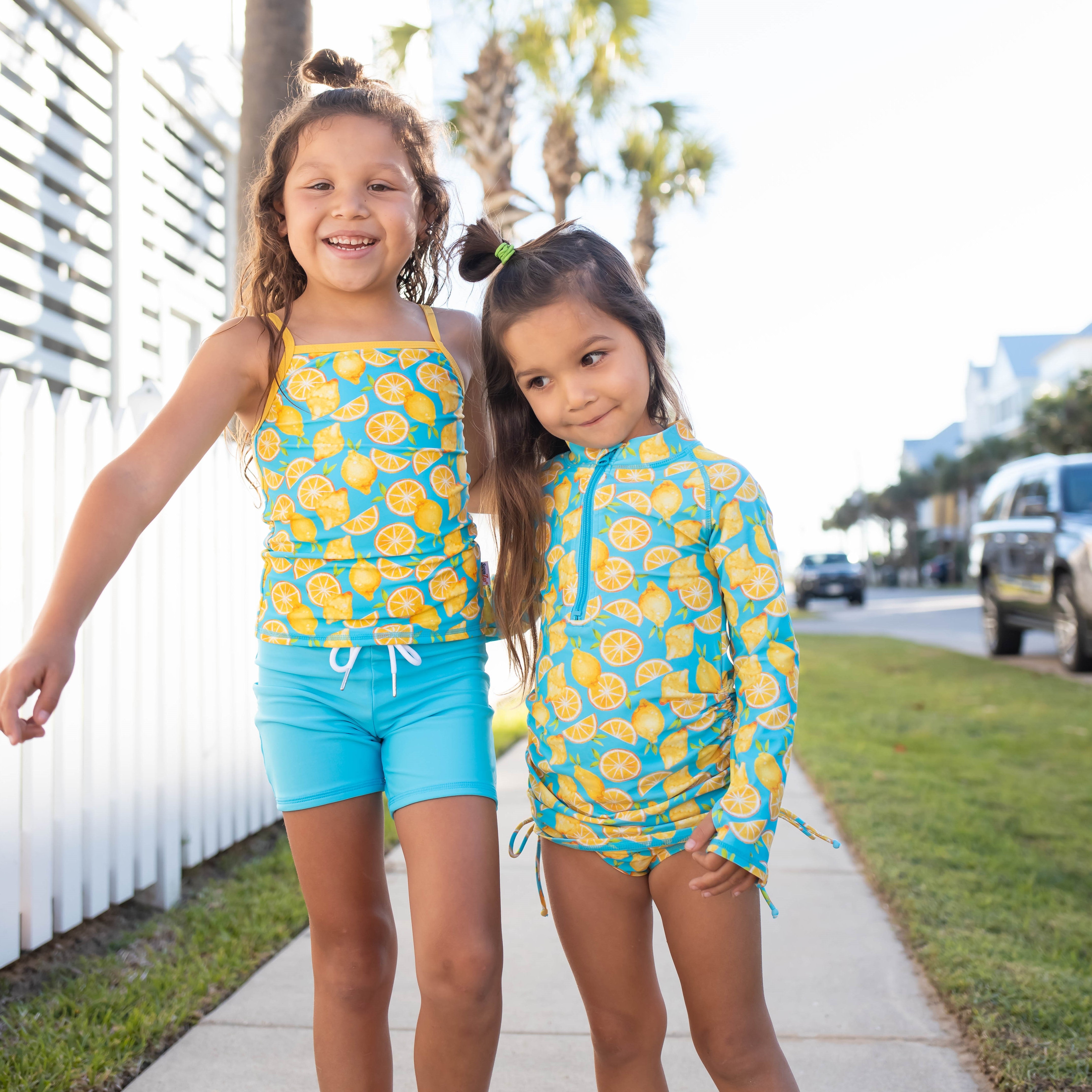 Girls Long Sleeve Swim Dress Cover Up | "Lemons"-SwimZip UPF 50+ Sun Protective Swimwear & UV Zipper Rash Guards-pos4