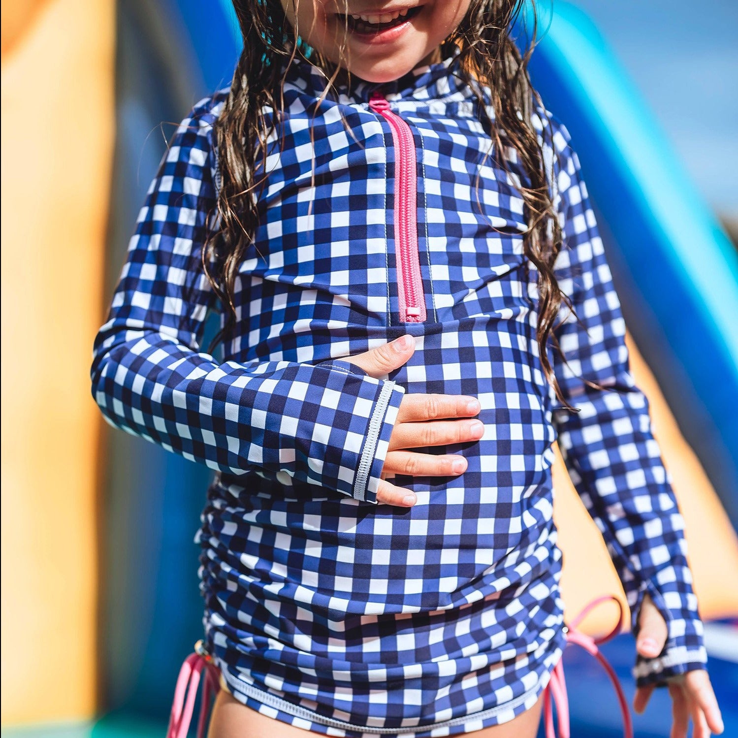 Girls Long Sleeve Swim Dress Cover Up | "Navy Gingham"-SwimZip UPF 50+ Sun Protective Swimwear & UV Zipper Rash Guards-pos8