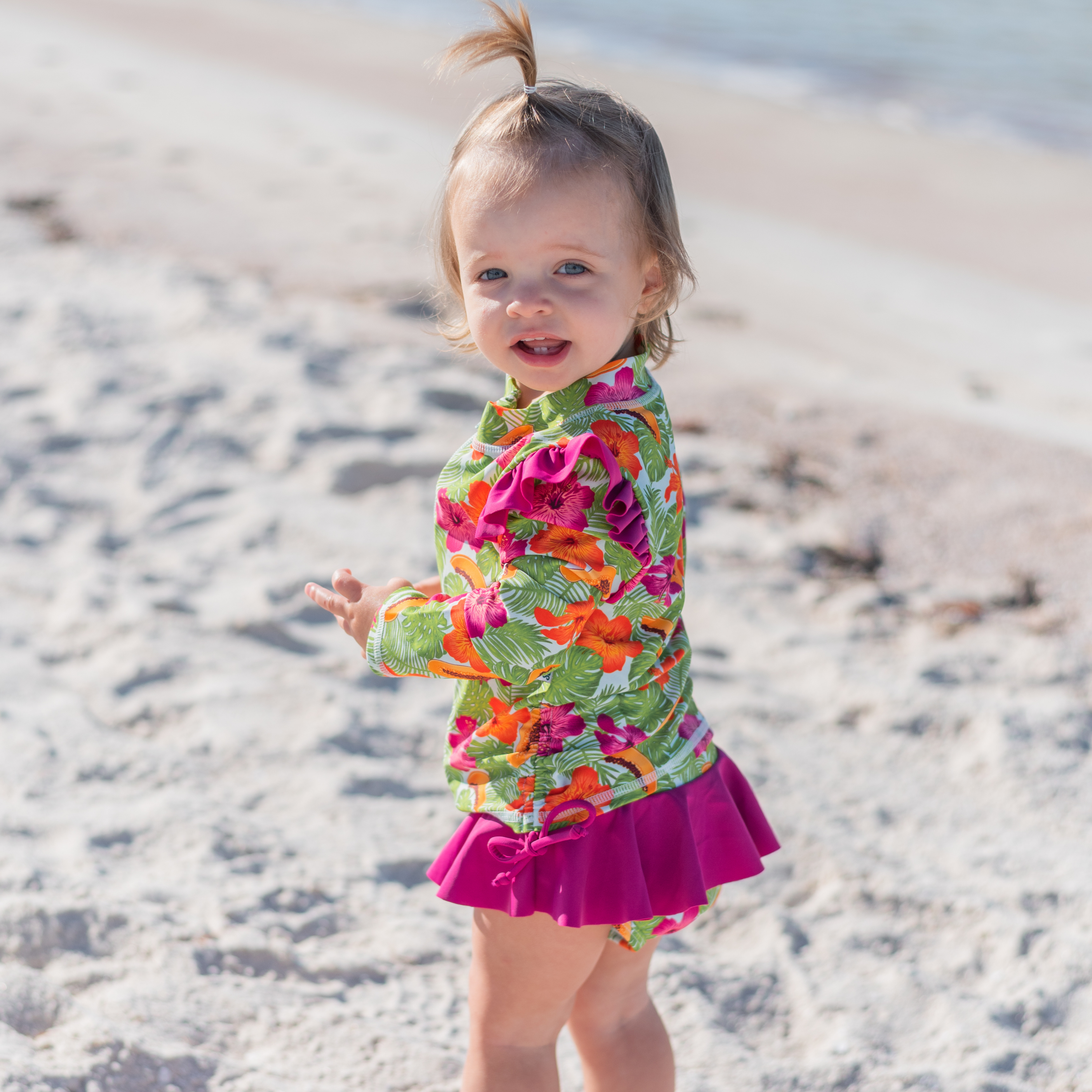 Girls Long Sleeve Rash Guard Ruffle Bottom Swimsuit Set (2 Piece) | "Hibiscus"-SwimZip UPF 50+ Sun Protective Swimwear & UV Zipper Rash Guards-pos3