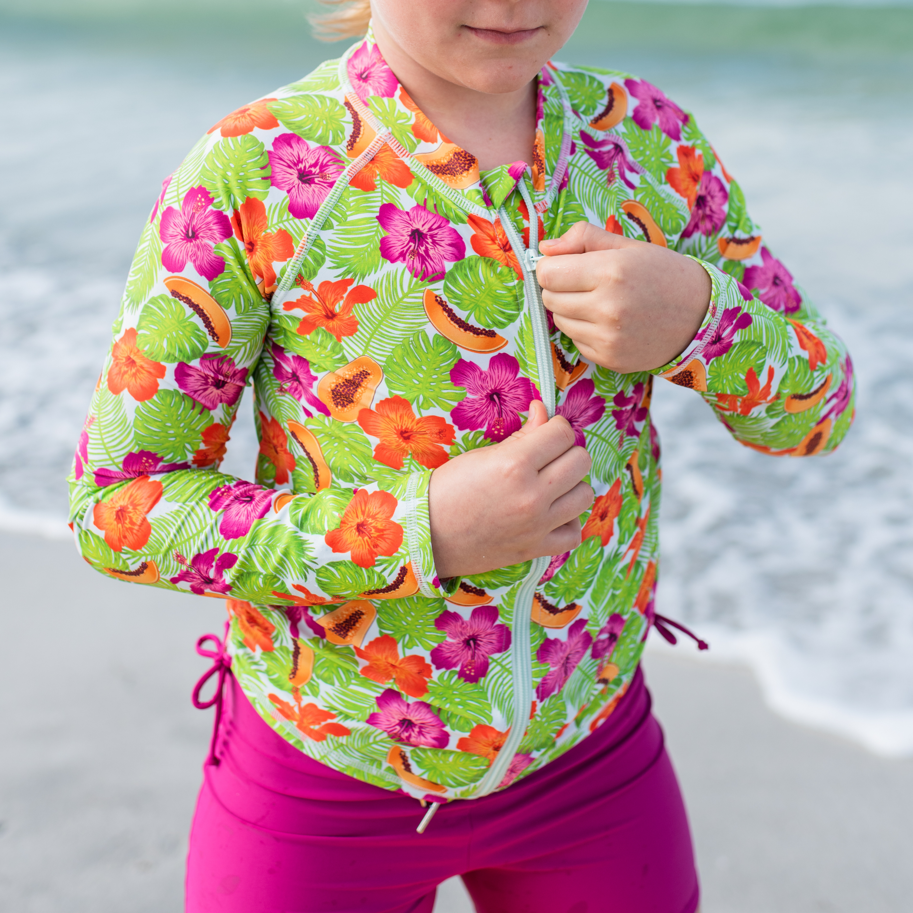Girls Long Sleeve Rash Guard + Tankini Shorts Set (3 Piece) | "Hibiscus"-SwimZip UPF 50+ Sun Protective Swimwear & UV Zipper Rash Guards-pos3