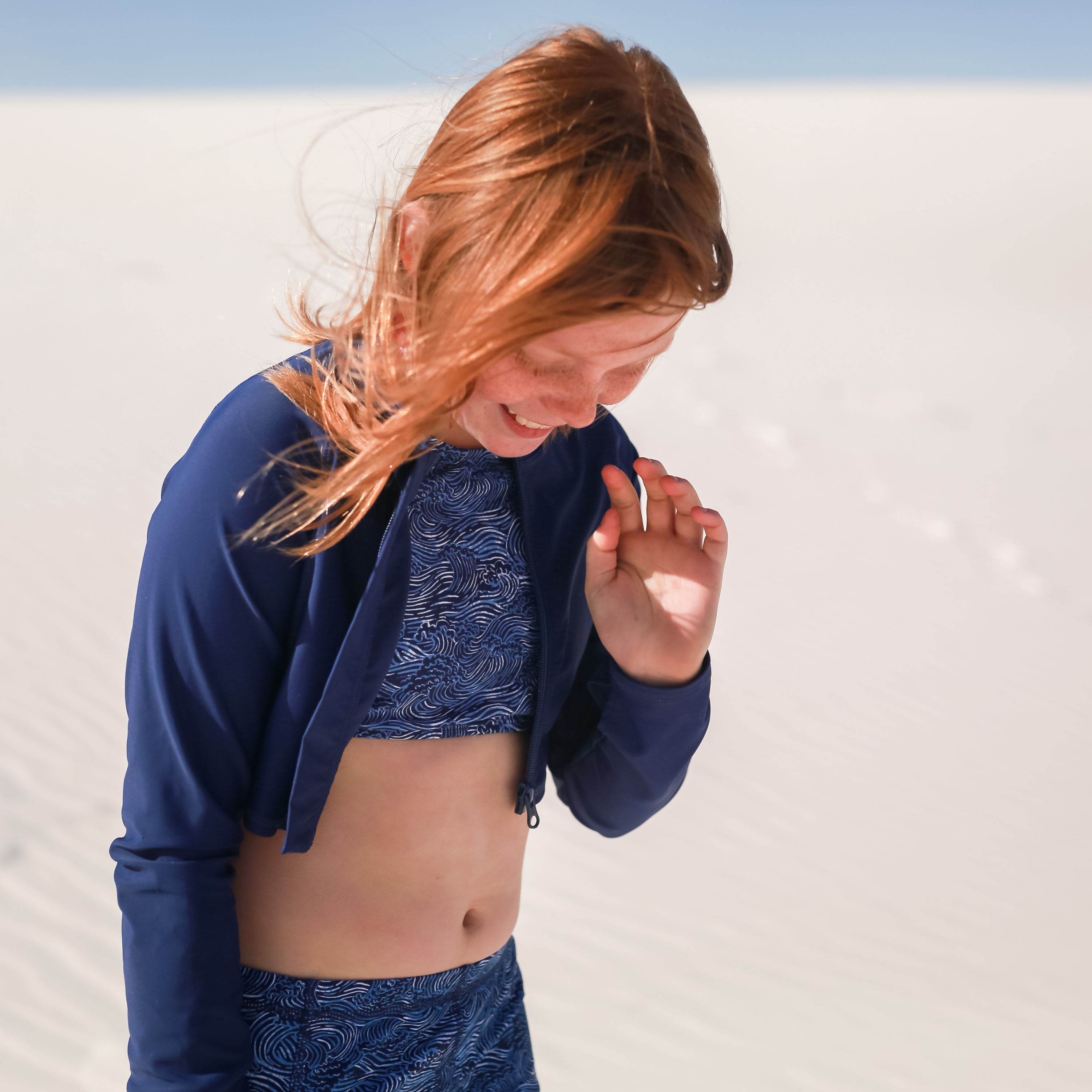 Girls Long Sleeve Crop Rash Guard | "Navy"-SwimZip UPF 50+ Sun Protective Swimwear & UV Zipper Rash Guards-pos2