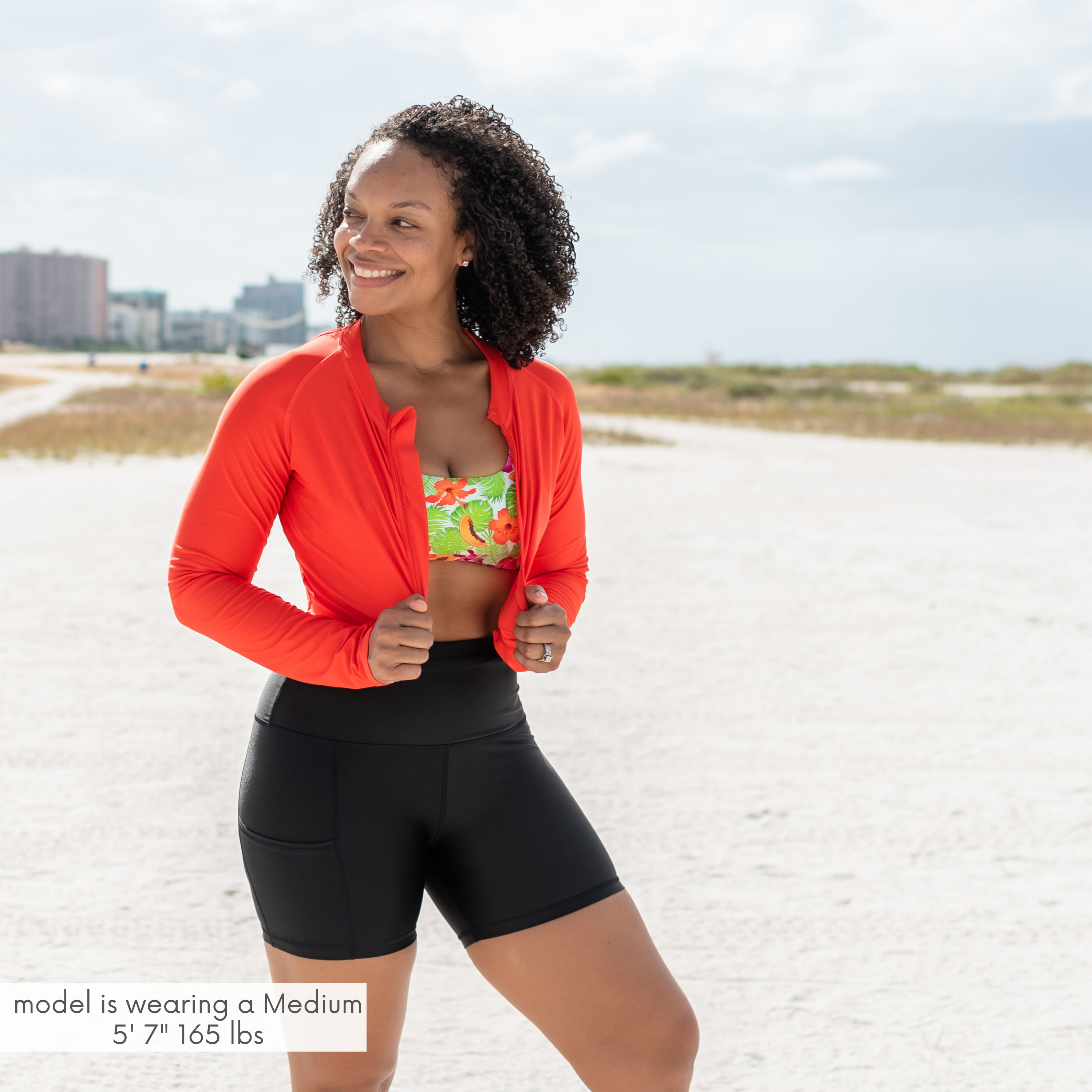 Women's Long Sleeve Crop Rash Guard | “Fiesta Red”-SwimZip UPF 50+ Sun Protective Swimwear & UV Zipper Rash Guards-pos3