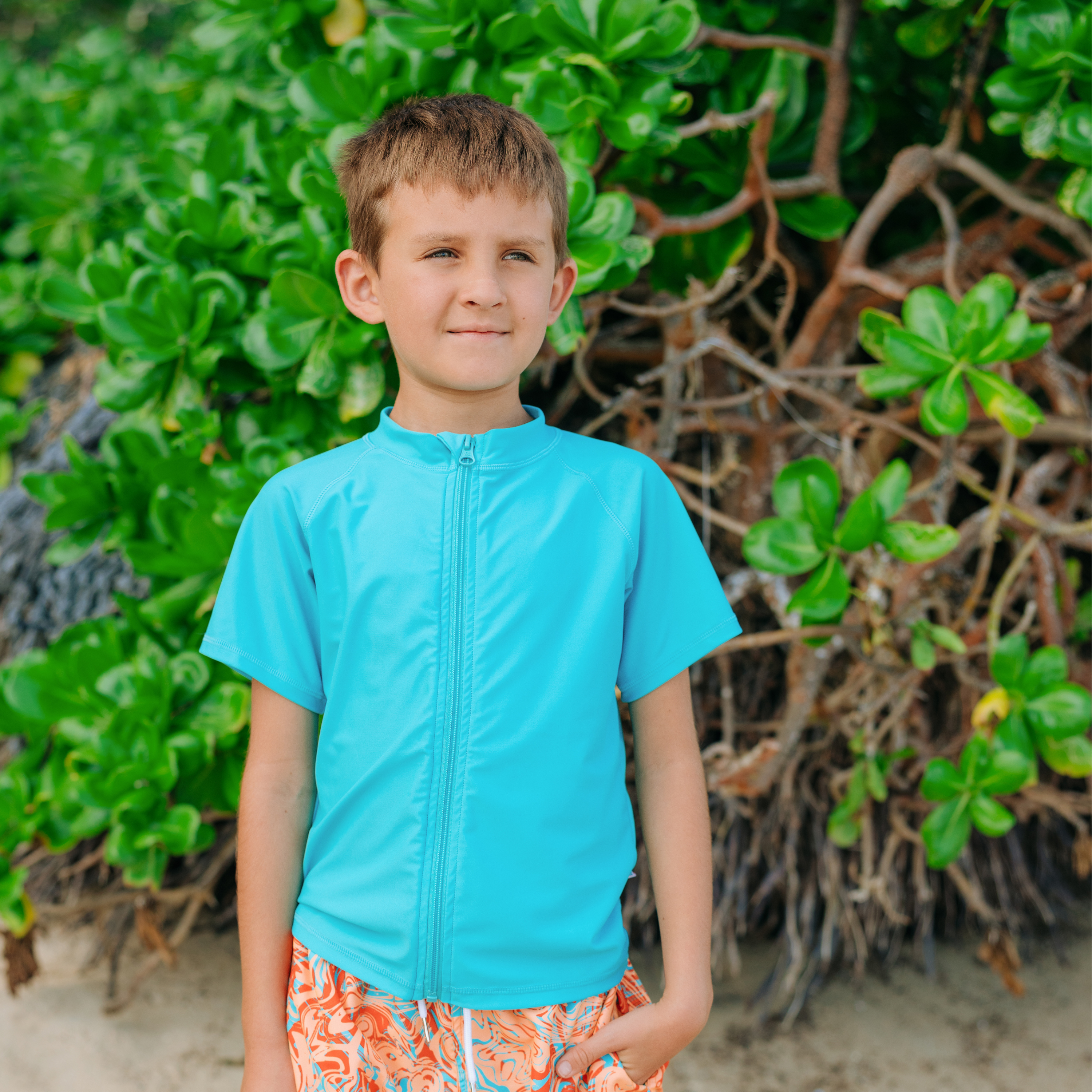 Kids Short Sleeve Zipper Rash Guard Swim Shirt | “Scuba Blue”-SwimZip UPF 50+ Sun Protective Swimwear & UV Zipper Rash Guards-pos2