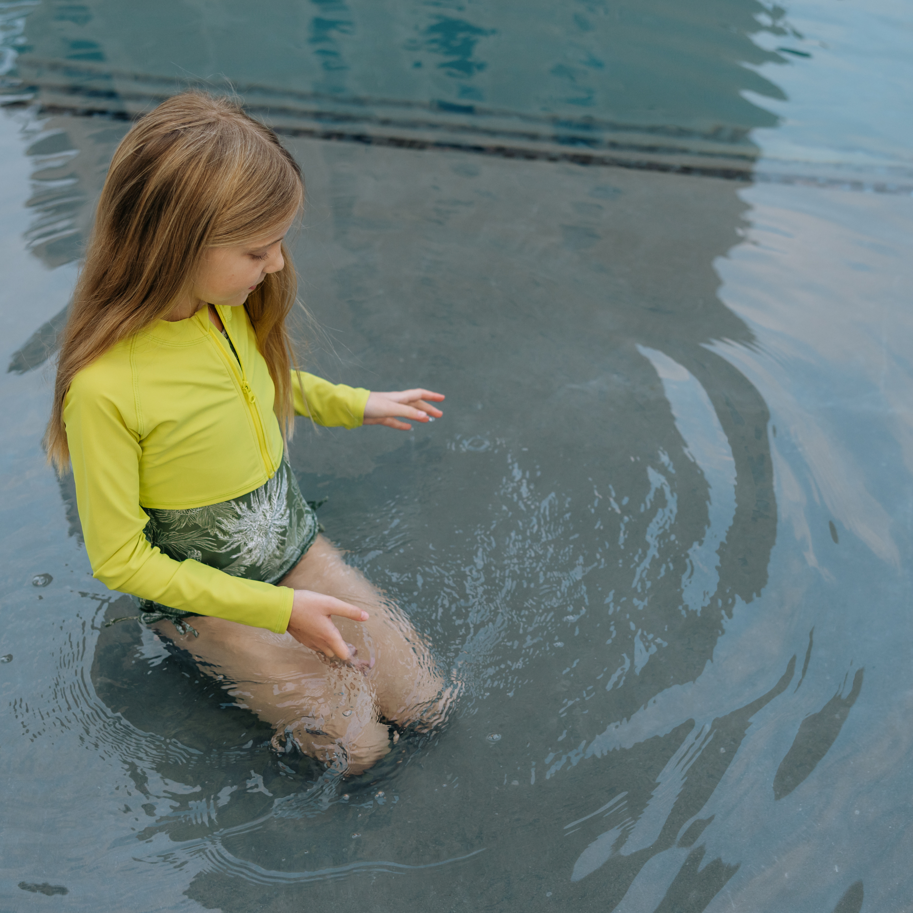 Girls Long Sleeve Crop Rash Guard | "Sulphur Yellow"-SwimZip UPF 50+ Sun Protective Swimwear & UV Zipper Rash Guards-pos3