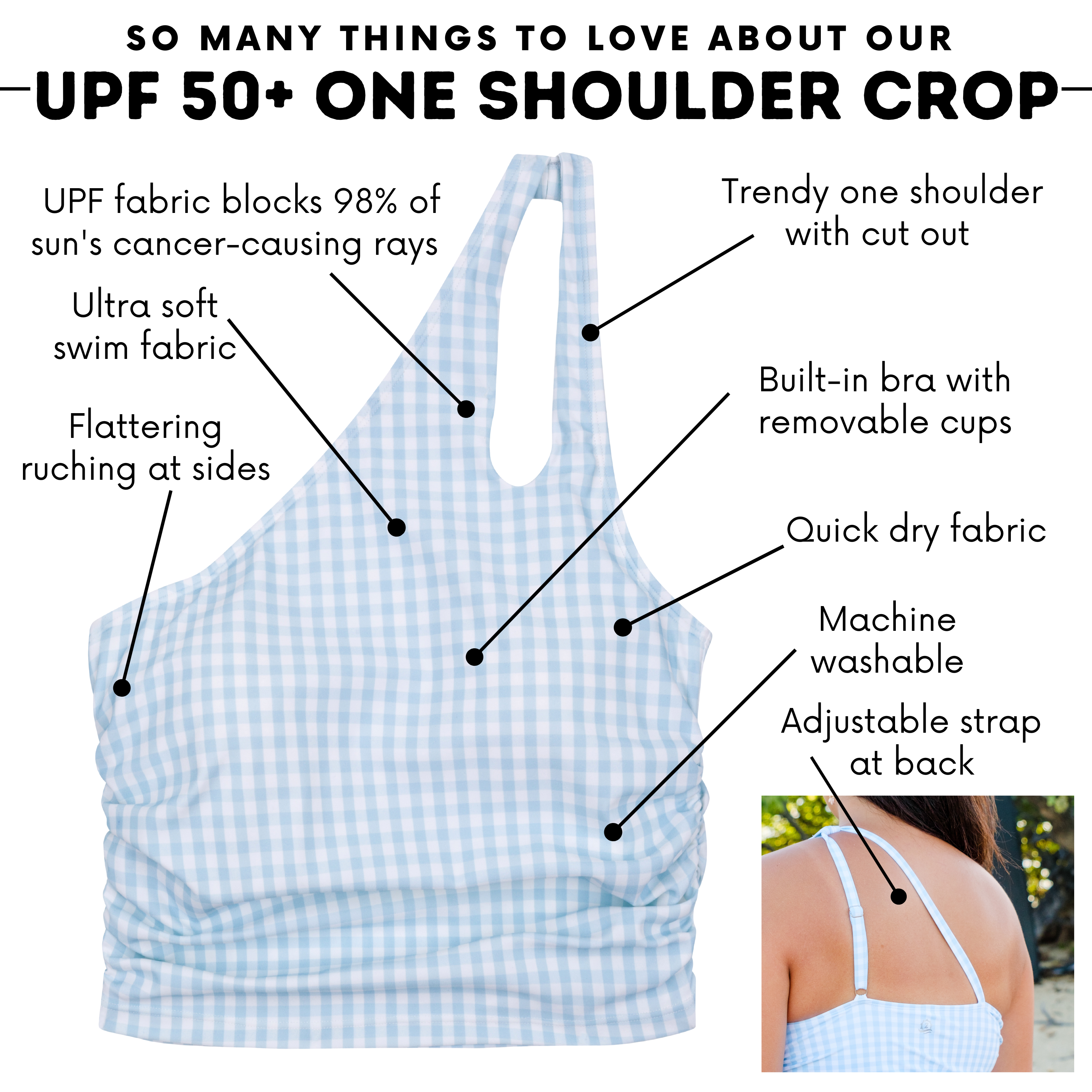 Women’s One Shoulder Crop Tankini Top | “Blue Gingham”-SwimZip UPF 50+ Sun Protective Swimwear & UV Zipper Rash Guards-pos4