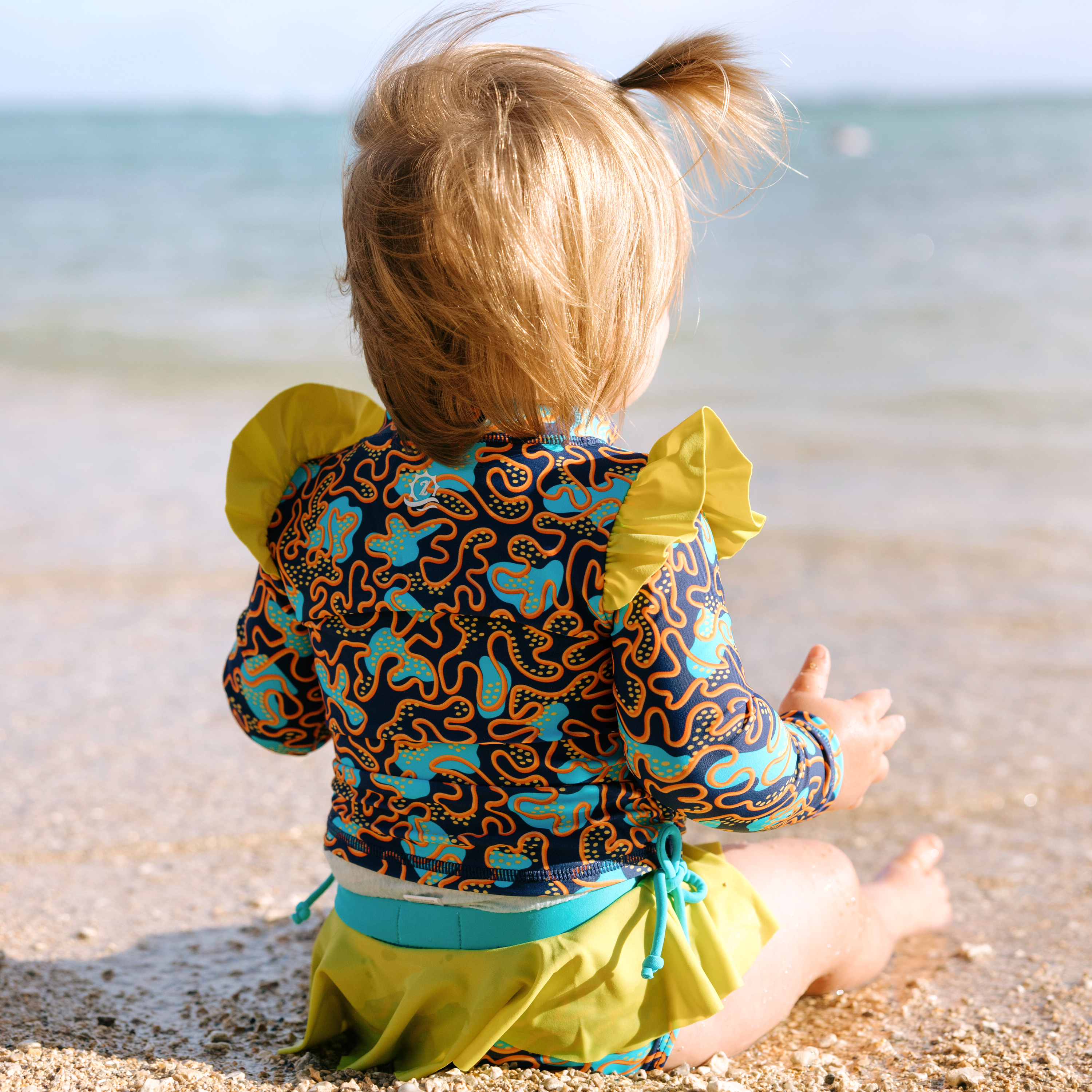 Girls Long Sleeve Rash Guard Ruffle Bottom Swimsuit Set (2 Piece) | "Deep Dive"-SwimZip UPF 50+ Sun Protective Swimwear & UV Zipper Rash Guards-pos5