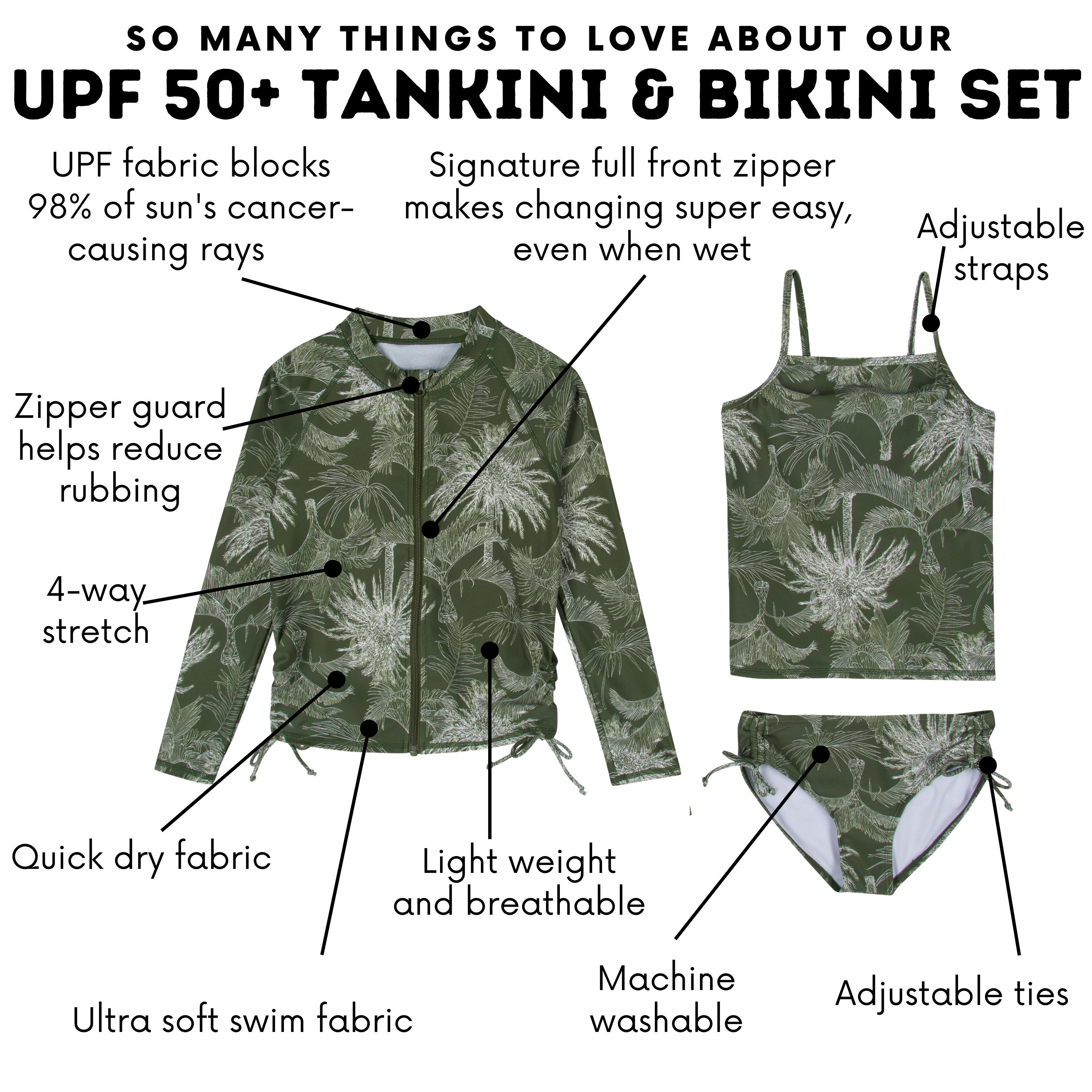 Girls Long Sleeve Rash Guard + Tankini Bikini Set (3 Piece) | "Hawaiian Rainforest"-SwimZip UPF 50+ Sun Protective Swimwear & UV Zipper Rash Guards-pos4