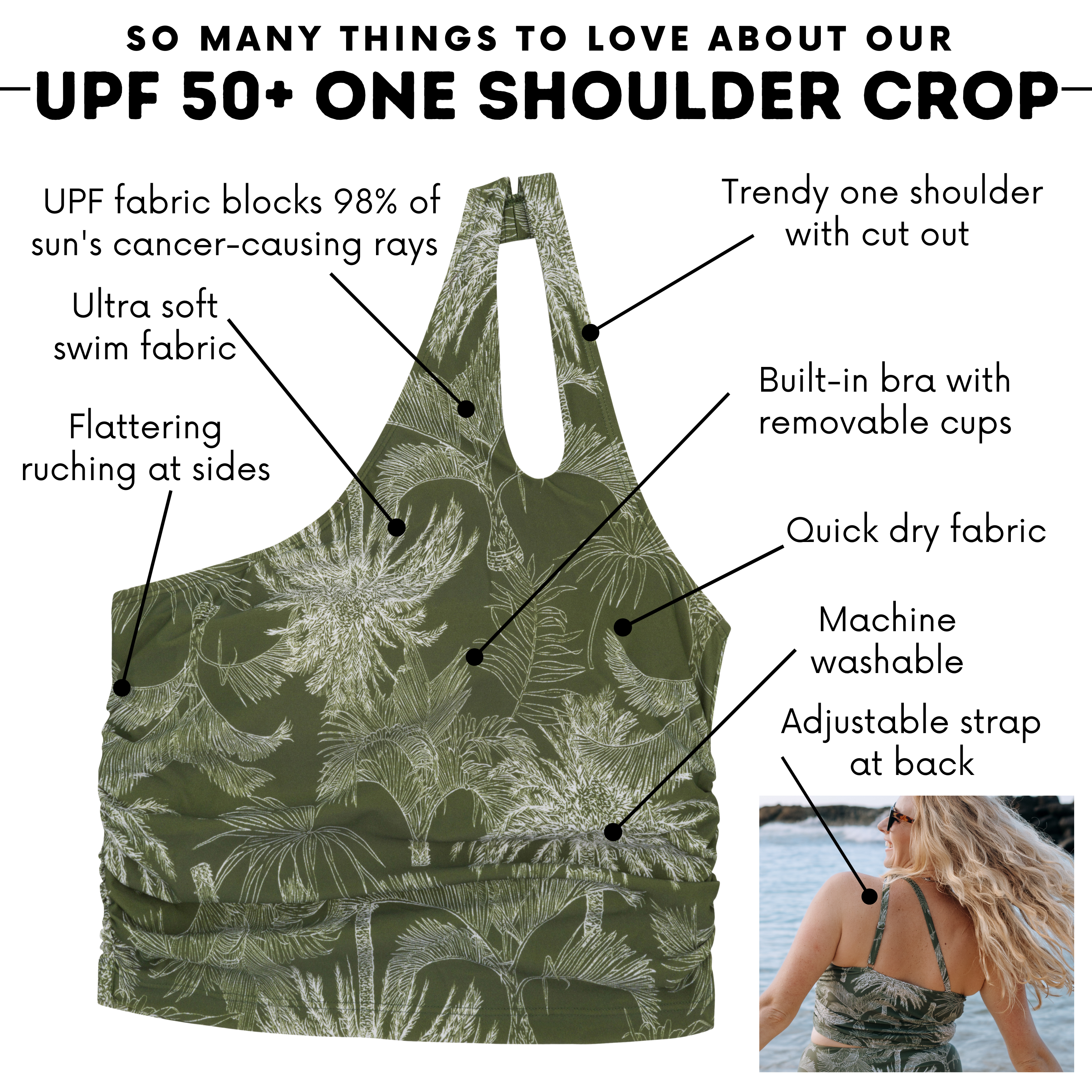Women’s One Shoulder Crop Tankini Top | “Hawaiian Rainforest”-SwimZip UPF 50+ Sun Protective Swimwear & UV Zipper Rash Guards-pos4