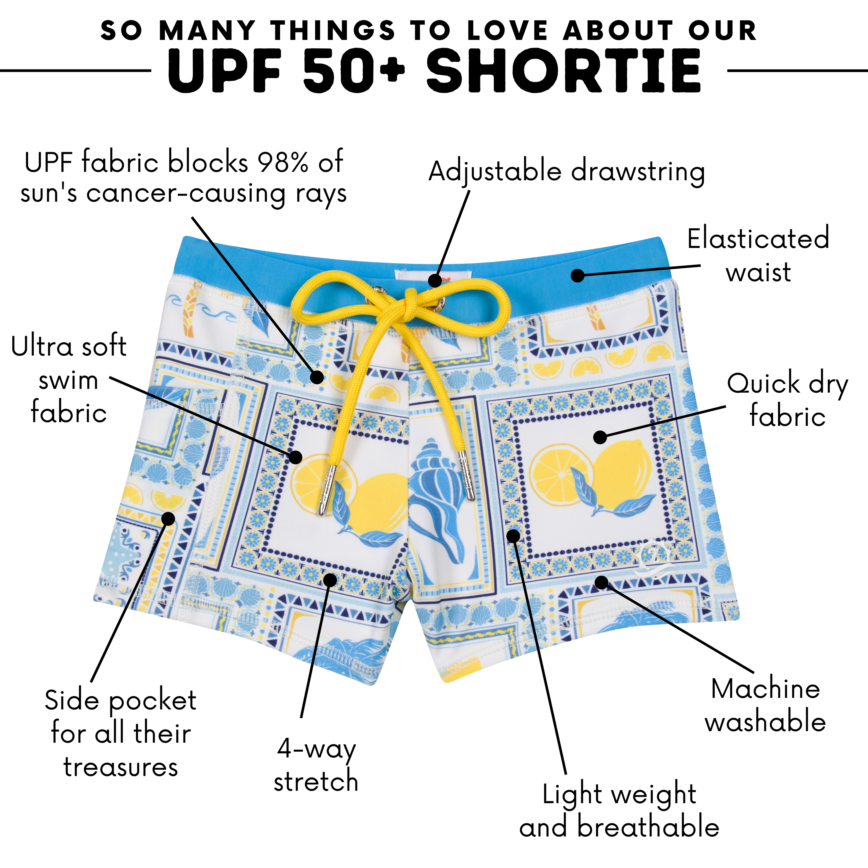 Kids Euro Swim Shorties | "Mediterranean Lemons"-SwimZip UPF 50+ Sun Protective Swimwear & UV Zipper Rash Guards-pos4