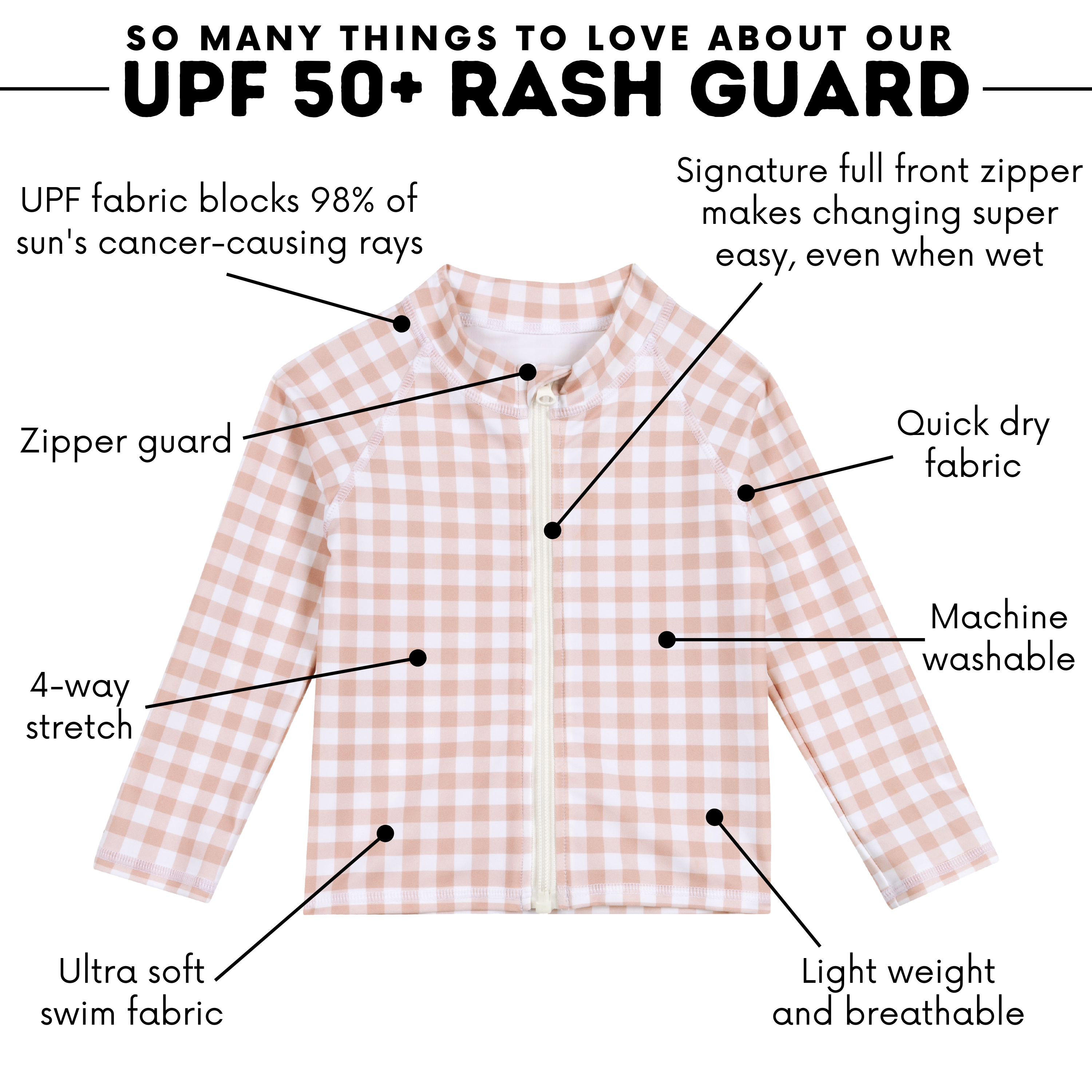 Kids UPF 50+ Long Sleeve Zipper Rash Guard Swim Shirt | "Pink Gingham"-SwimZip UPF 50+ Sun Protective Swimwear & UV Zipper Rash Guards-pos4