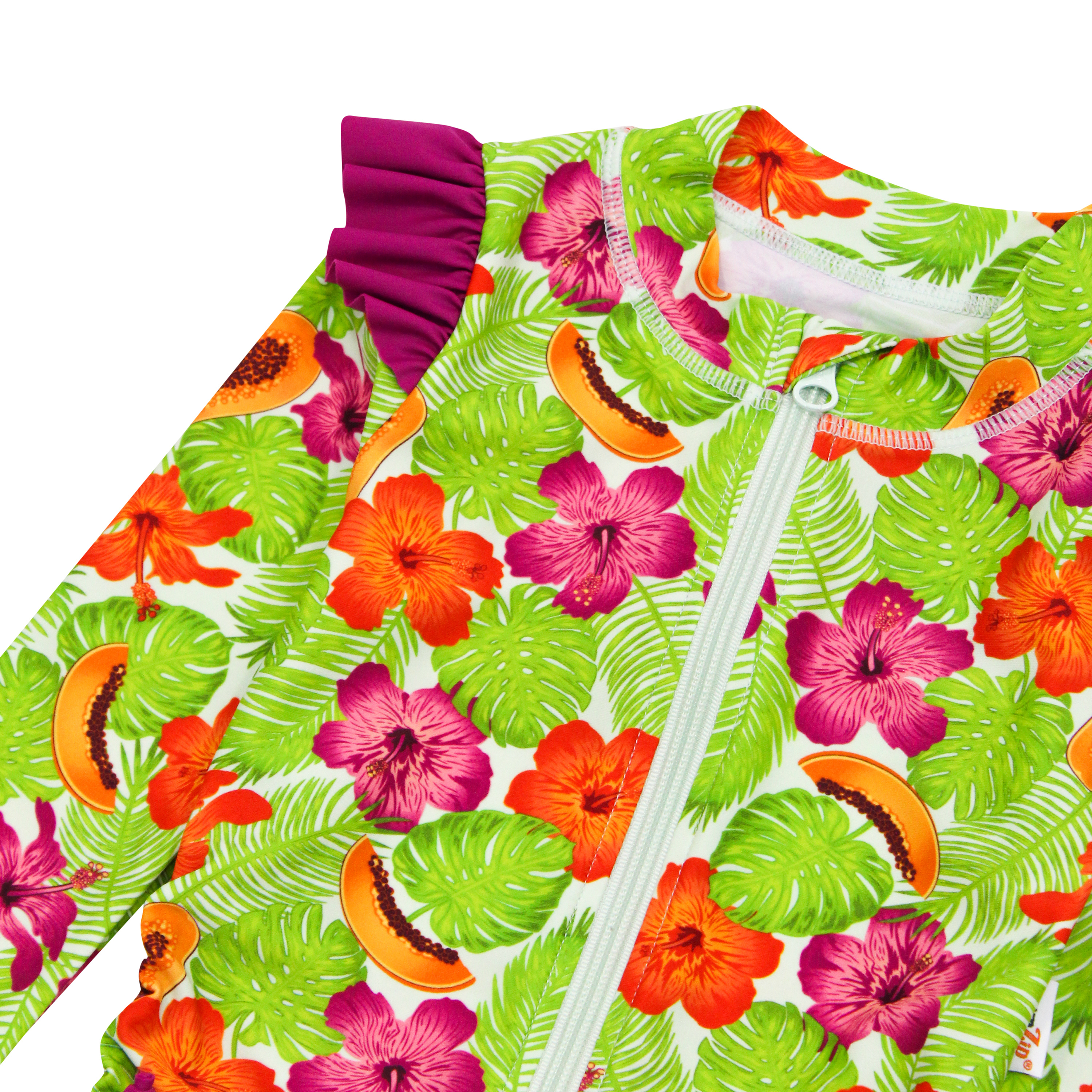 Girls Long Sleeve Rash Guard Ruffle Bottom Swimsuit Set (2 Piece) | "Hibiscus"-SwimZip UPF 50+ Sun Protective Swimwear & UV Zipper Rash Guards-pos4