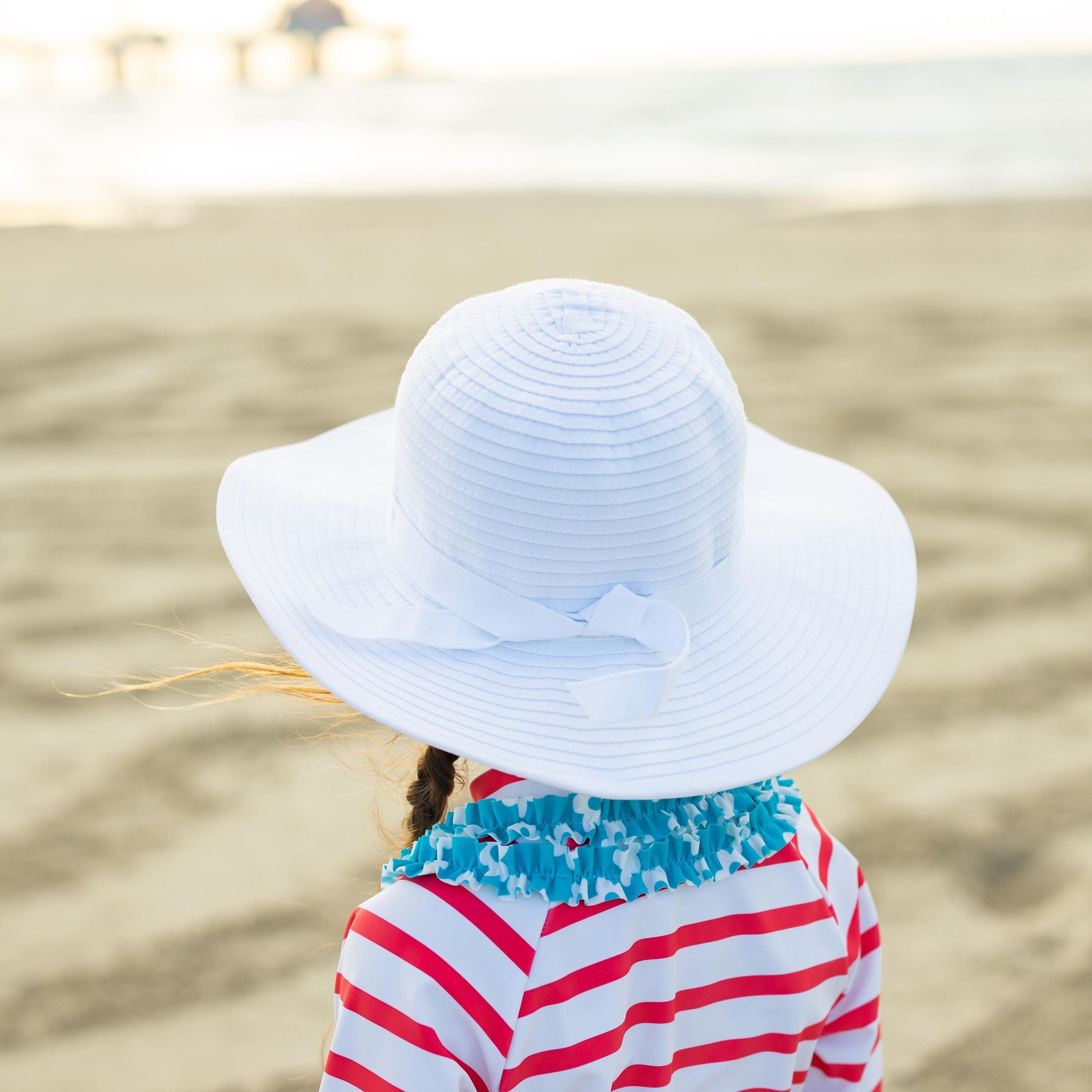 Girls Wide Brim Sun Hat - White-SwimZip UPF 50+ Sun Protective Swimwear & UV Zipper Rash Guards-pos13
