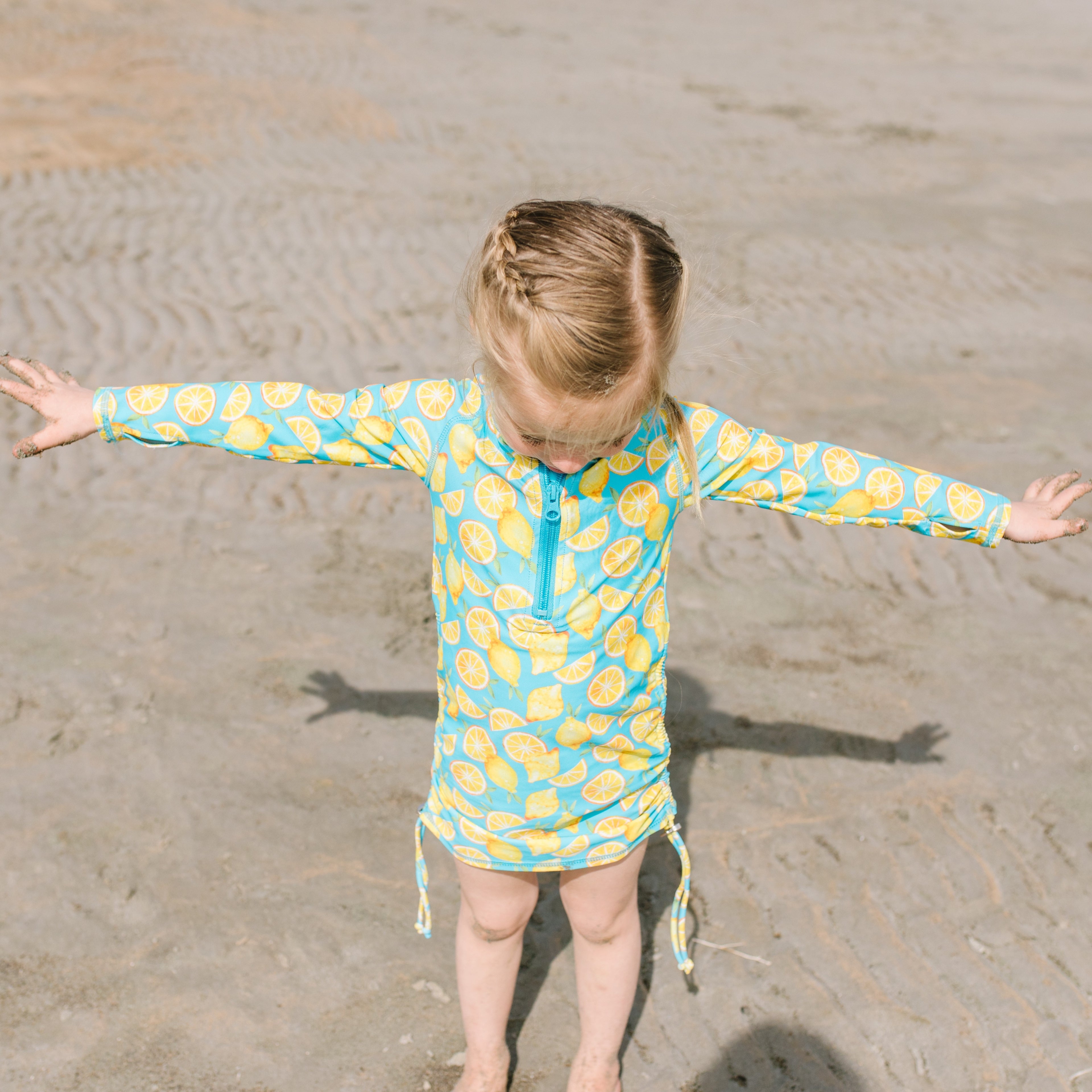 Girls Long Sleeve Swim Dress Cover Up | "Lemons"-SwimZip UPF 50+ Sun Protective Swimwear & UV Zipper Rash Guards-pos9