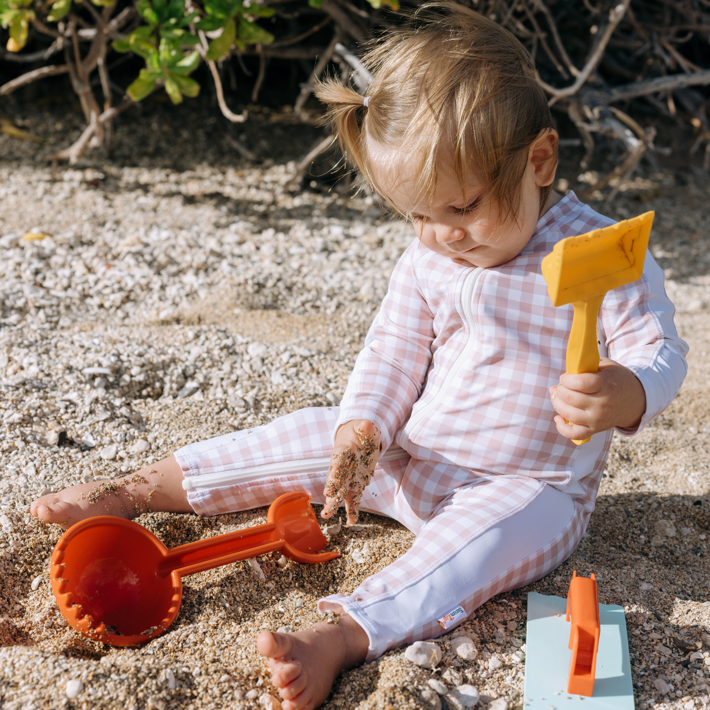 Sunsuit - Long Sleeve Romper Swimsuit | "Pink Gingham"-SwimZip UPF 50+ Sun Protective Swimwear & UV Zipper Rash Guards-pos5