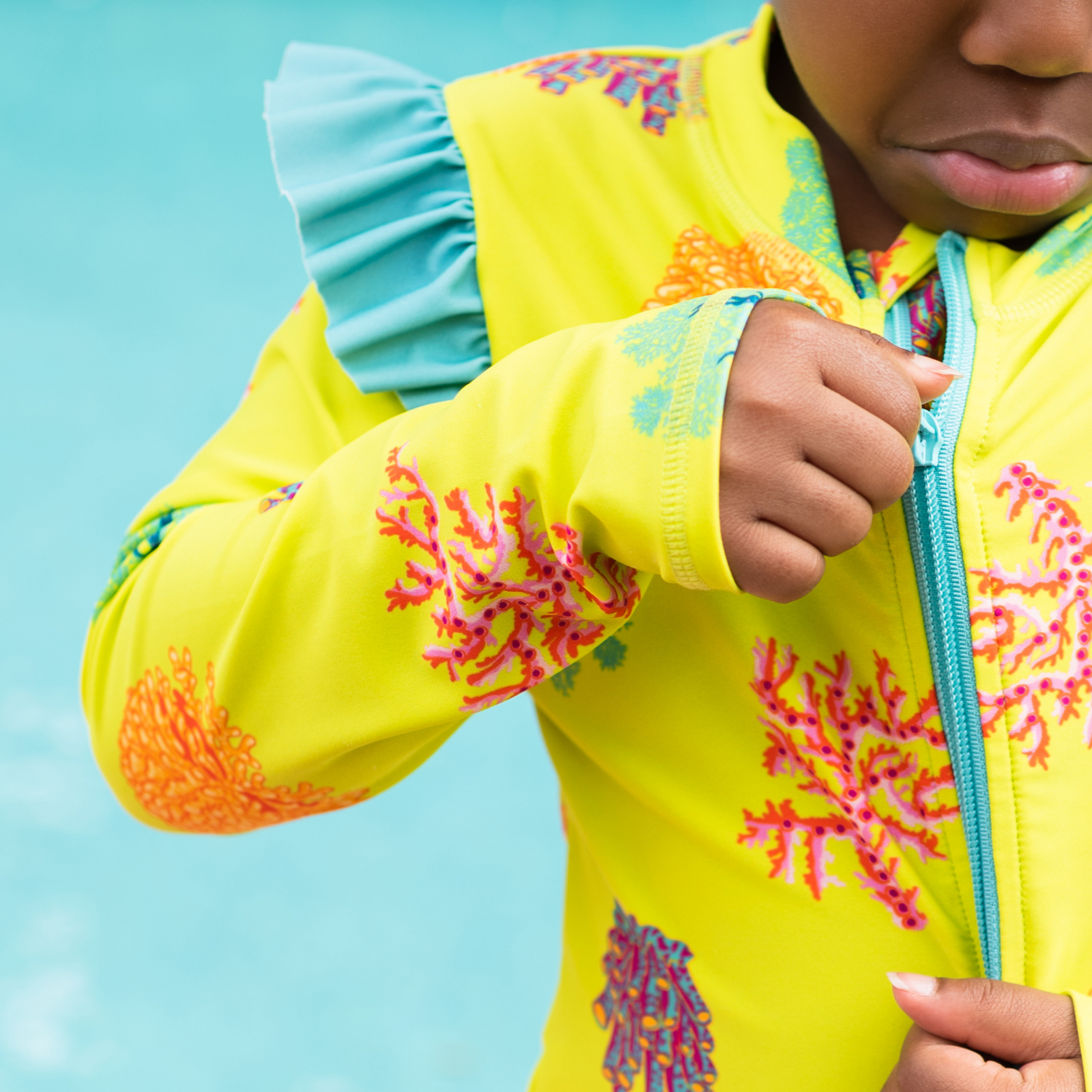 Girls Long Sleeve Rash Guard Ruffle Bottom Swimsuit Set (2 Piece) | "Coral"-SwimZip UPF 50+ Sun Protective Swimwear & UV Zipper Rash Guards-pos6