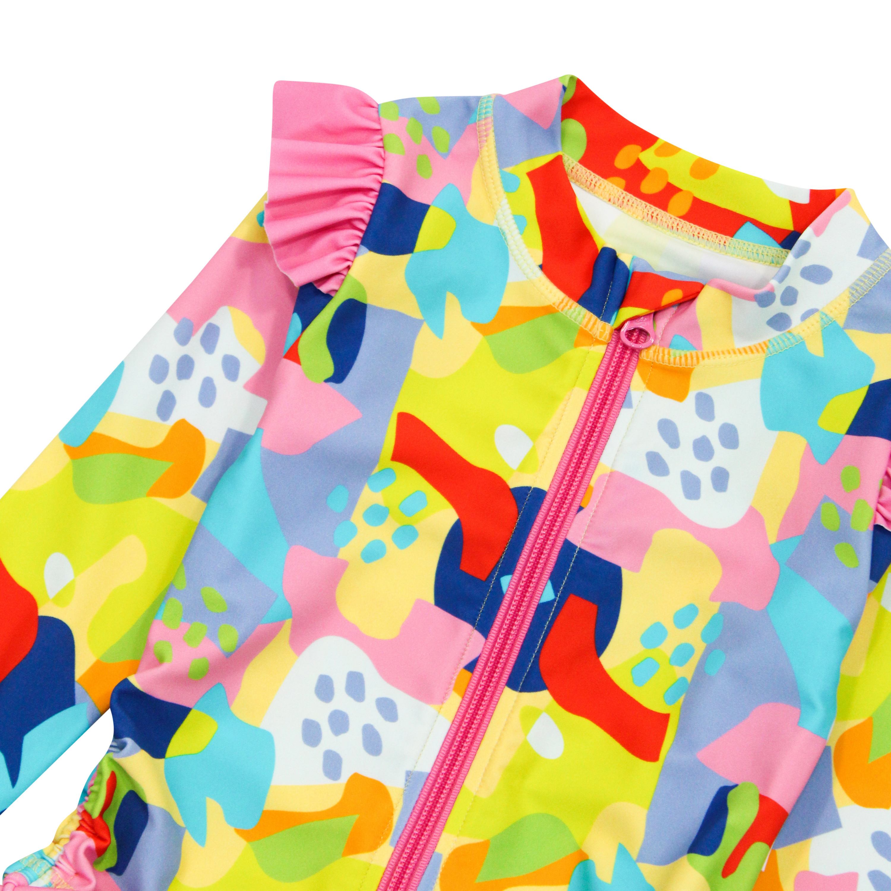 Girls Long Sleeve Rash Guard Ruffle Bottom Swimsuit Set (2 Piece) | "Joyful"-SwimZip UPF 50+ Sun Protective Swimwear & UV Zipper Rash Guards-pos6