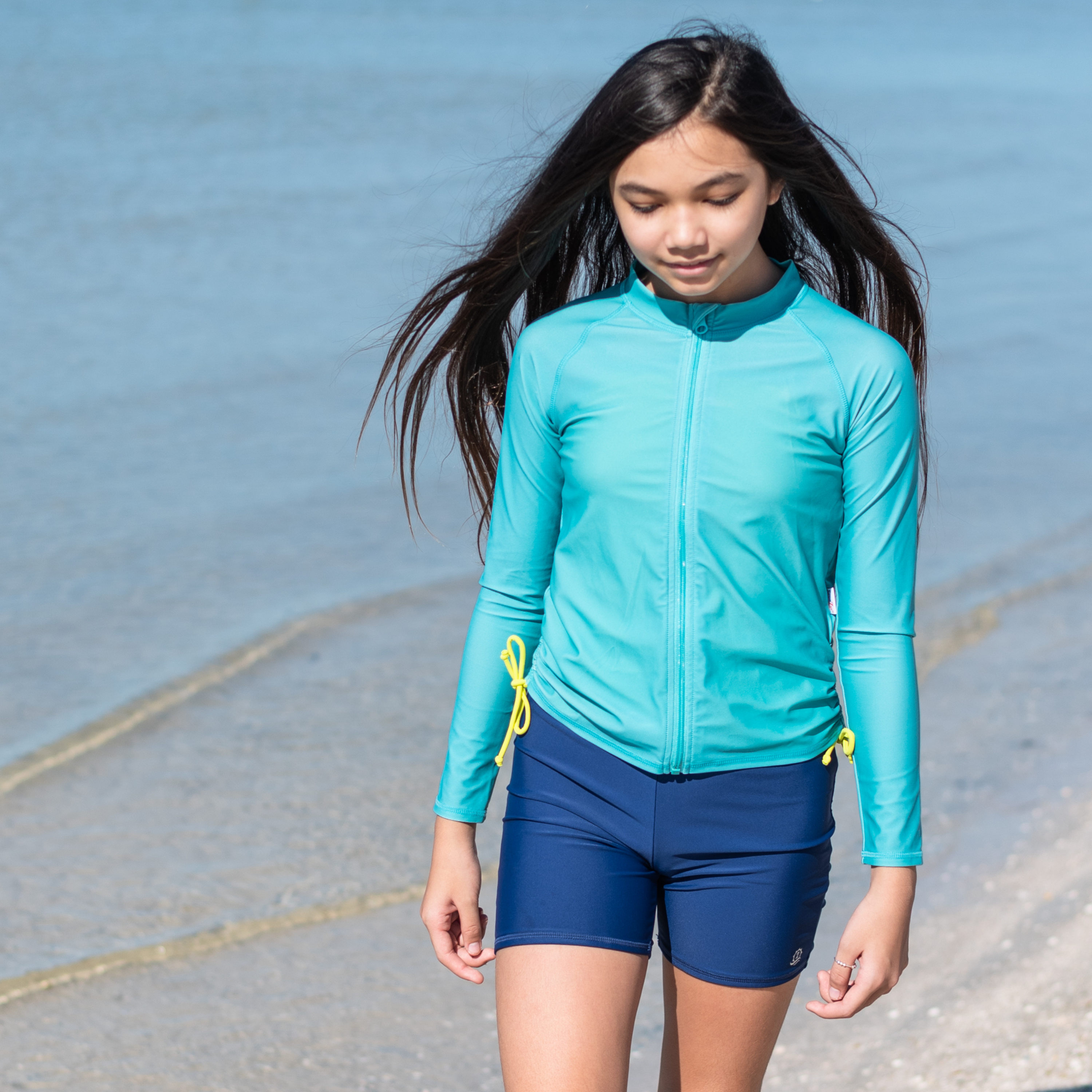 Girls Long Sleeve Rash Guard + Tankini Shorts Set (3 Piece) | "Aqua Sea"-SwimZip UPF 50+ Sun Protective Swimwear & UV Zipper Rash Guards-pos5