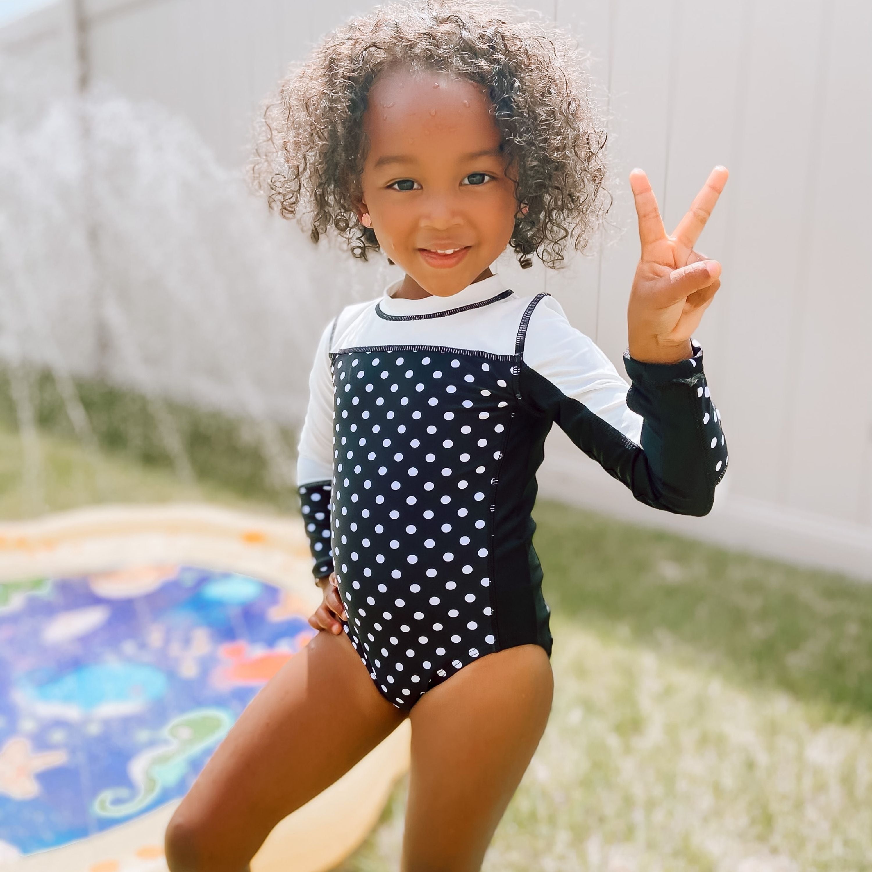 Girls Long Sleeve Surf Suit (One Piece Bodysuit) | "Black Polka Dot"-SwimZip UPF 50+ Sun Protective Swimwear & UV Zipper Rash Guards-pos3