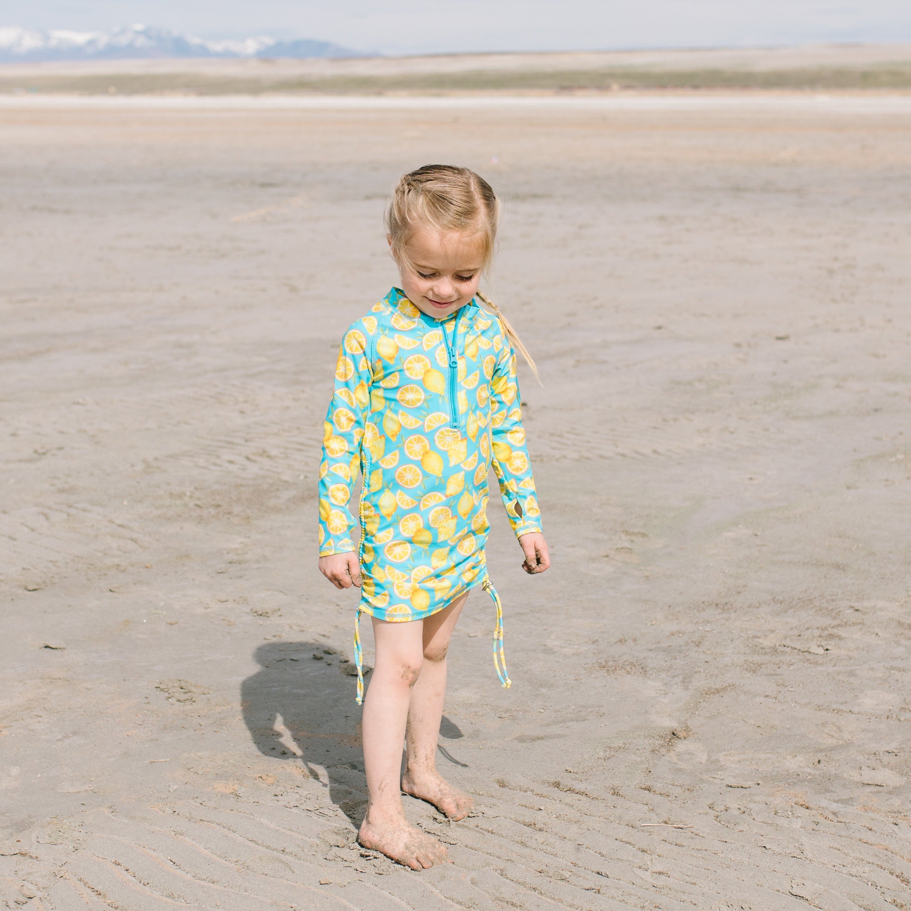 Girls Long Sleeve Swim Dress Cover Up | "Lemons"-SwimZip UPF 50+ Sun Protective Swimwear & UV Zipper Rash Guards-pos10
