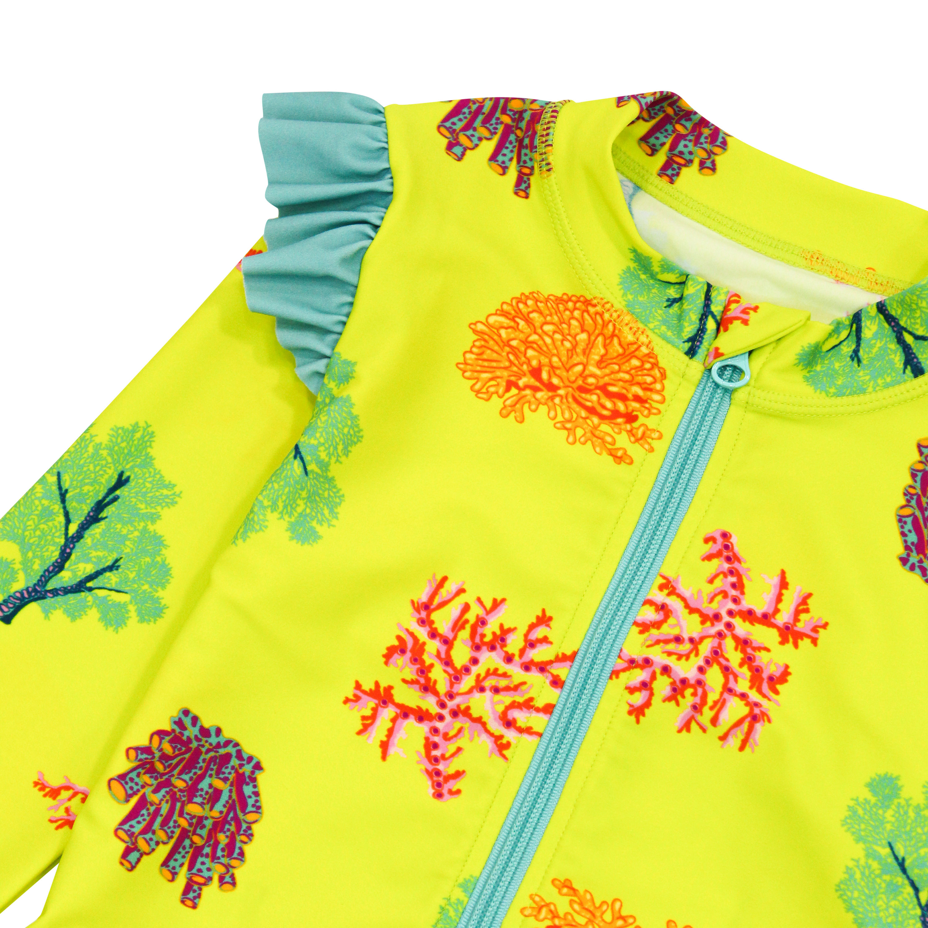 Girls Long Sleeve Rash Guard Ruffle Bottom Swimsuit Set (2 Piece) | "Coral"-SwimZip UPF 50+ Sun Protective Swimwear & UV Zipper Rash Guards-pos7
