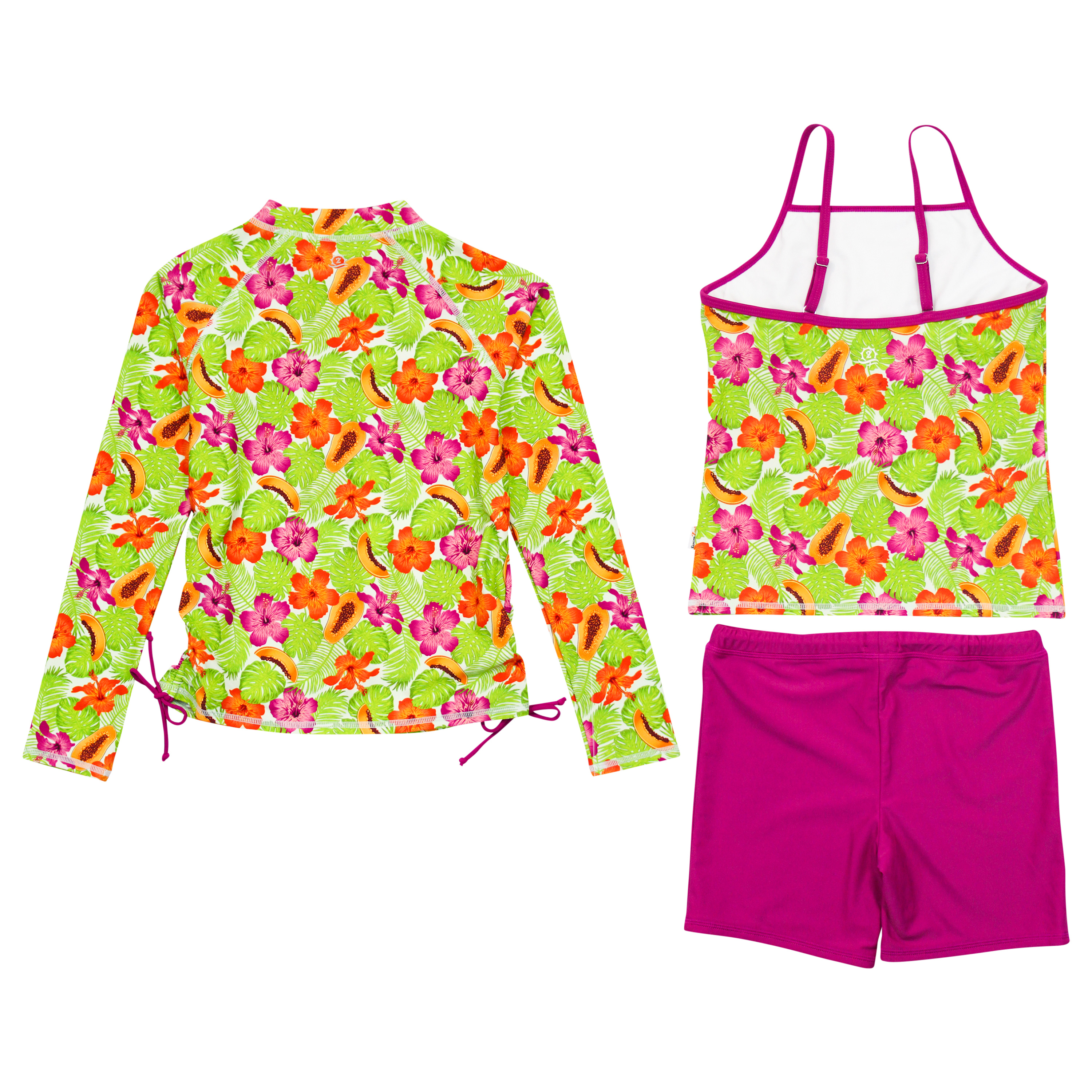 Girls Long Sleeve Rash Guard + Tankini Shorts Set (3 Piece) | "Hibiscus"-SwimZip UPF 50+ Sun Protective Swimwear & UV Zipper Rash Guards-pos7