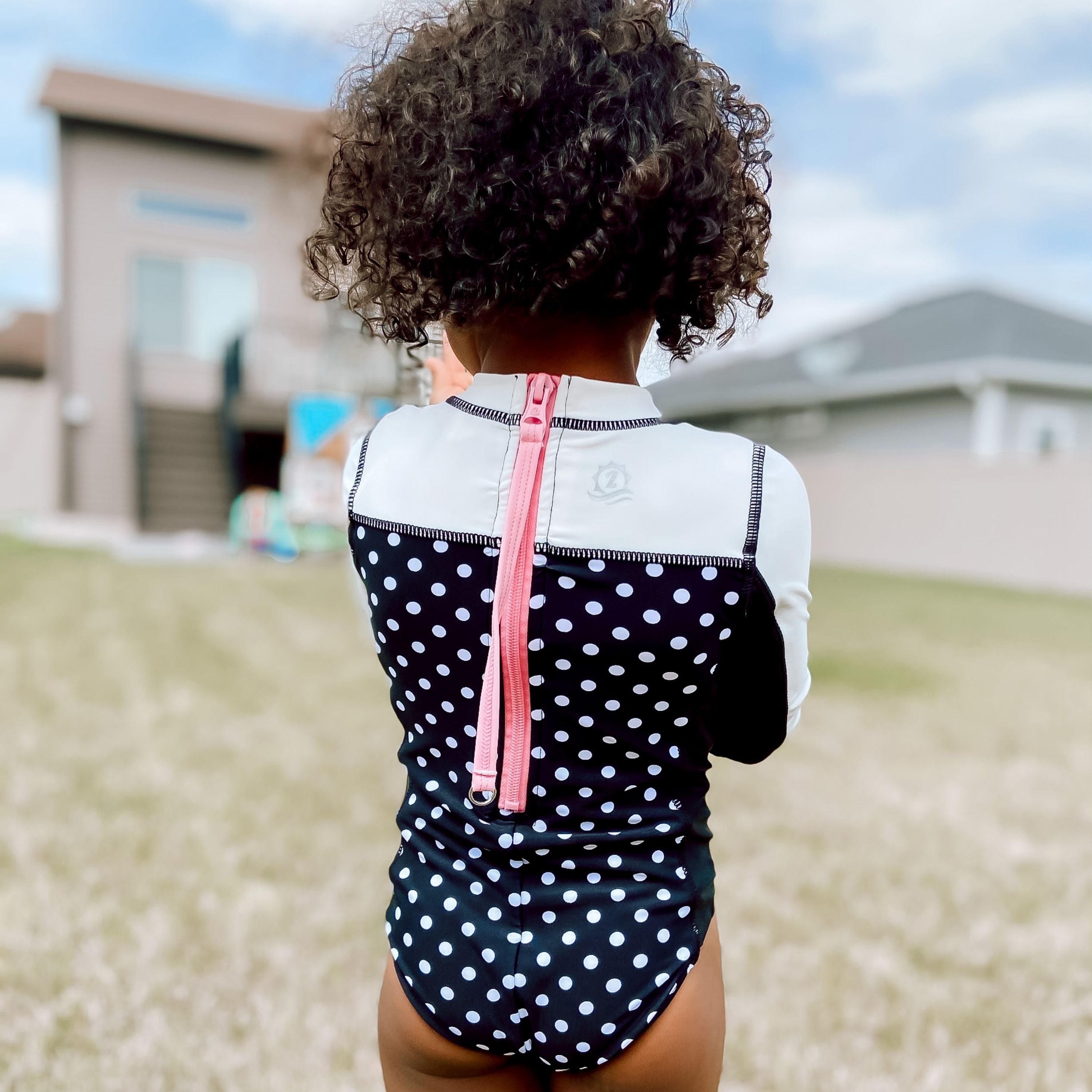 Girls Long Sleeve Surf Suit (One Piece Bodysuit) | "Black Polka Dot"-SwimZip UPF 50+ Sun Protective Swimwear & UV Zipper Rash Guards-pos4