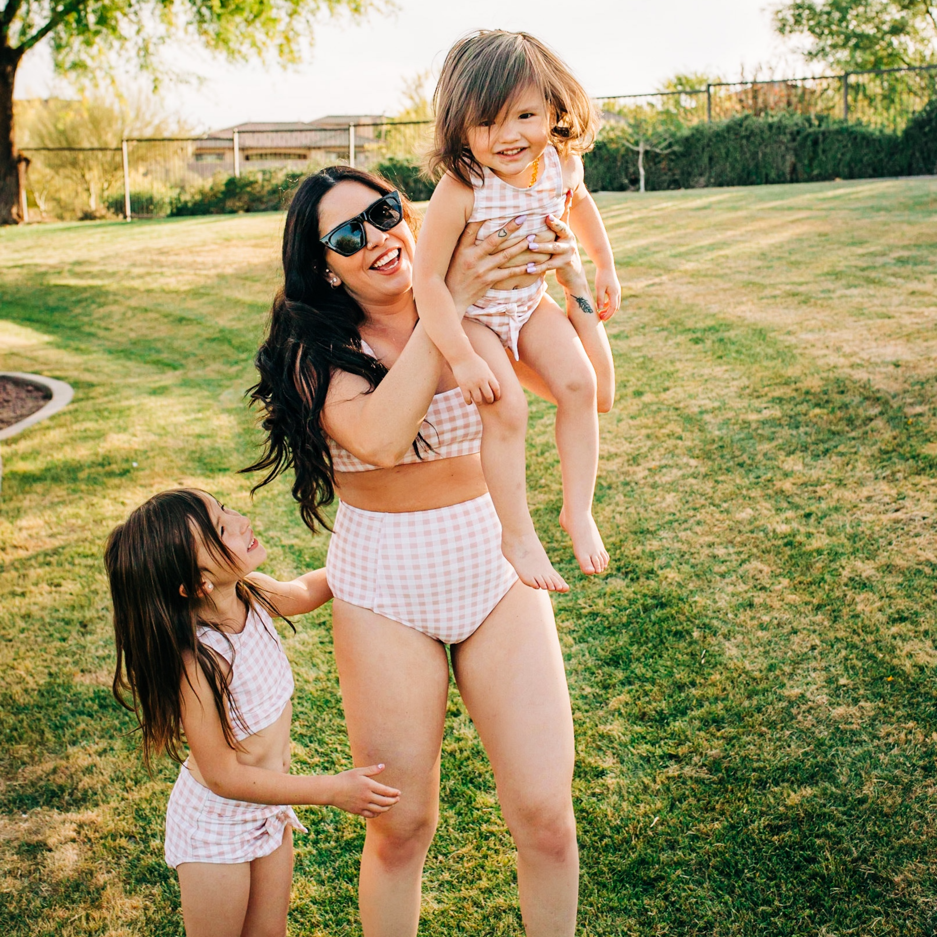 Girls Halter Top High-Waisted Set (2 Piece) | "Tied with a Bow" Pink Gingham-SwimZip UPF 50+ Sun Protective Swimwear & UV Zipper Rash Guards-pos9