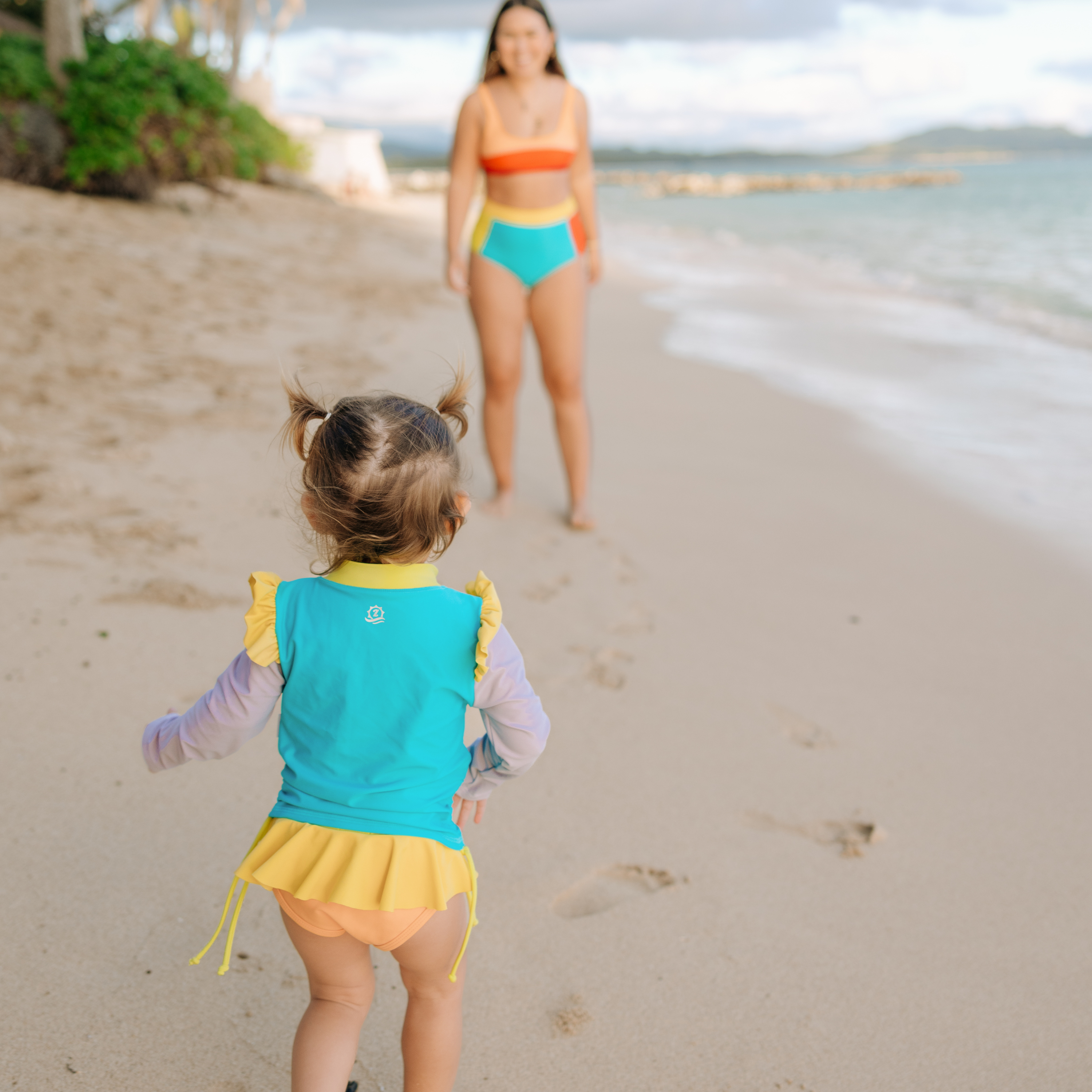 Girls Long Sleeve Rash Guard Ruffle Bottom Swimsuit Set (2 Piece) | "Color Pop"-SwimZip UPF 50+ Sun Protective Swimwear & UV Zipper Rash Guards-pos9