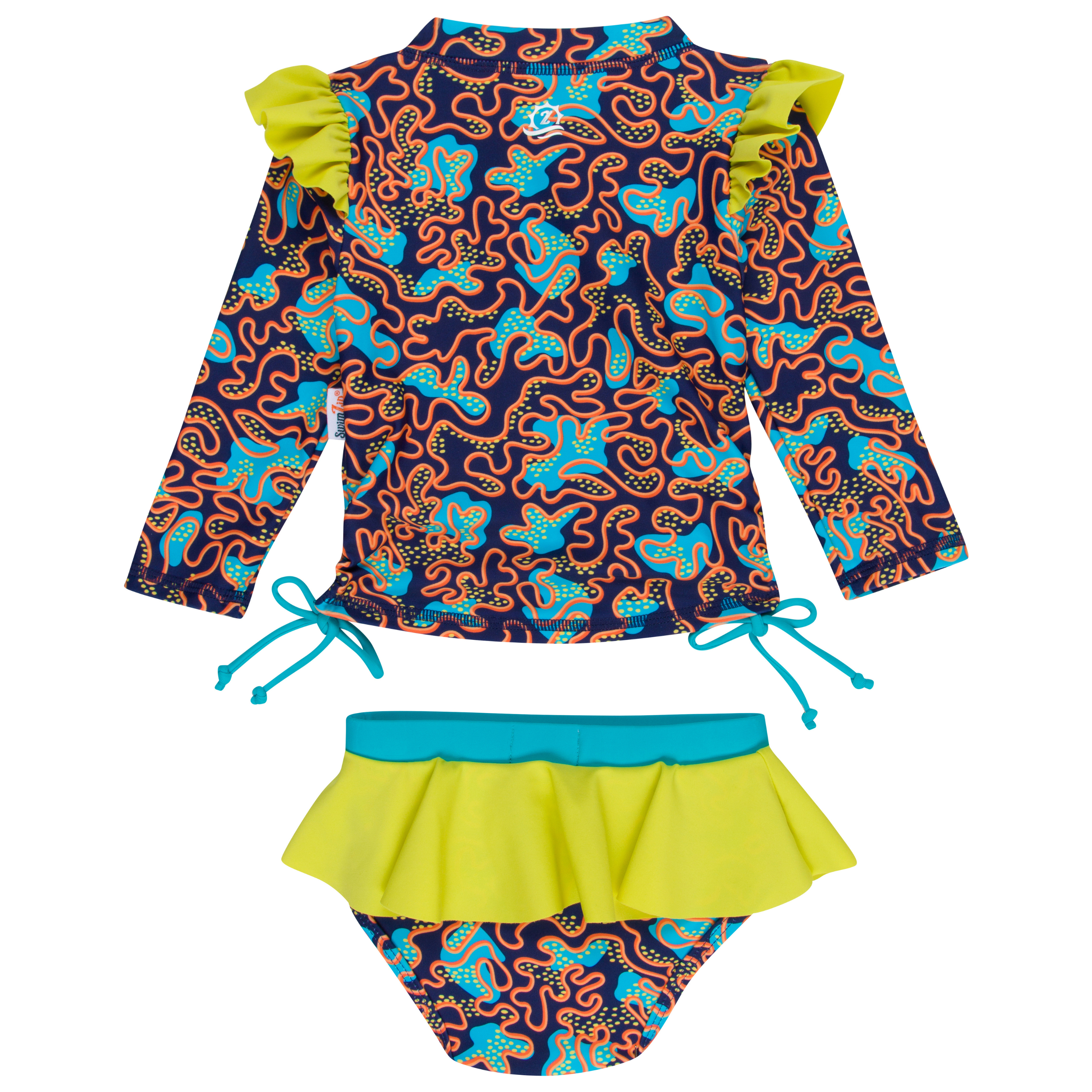 Girls Long Sleeve Rash Guard Ruffle Bottom Swimsuit Set (2 Piece) | "Deep Dive"-SwimZip UPF 50+ Sun Protective Swimwear & UV Zipper Rash Guards-pos8