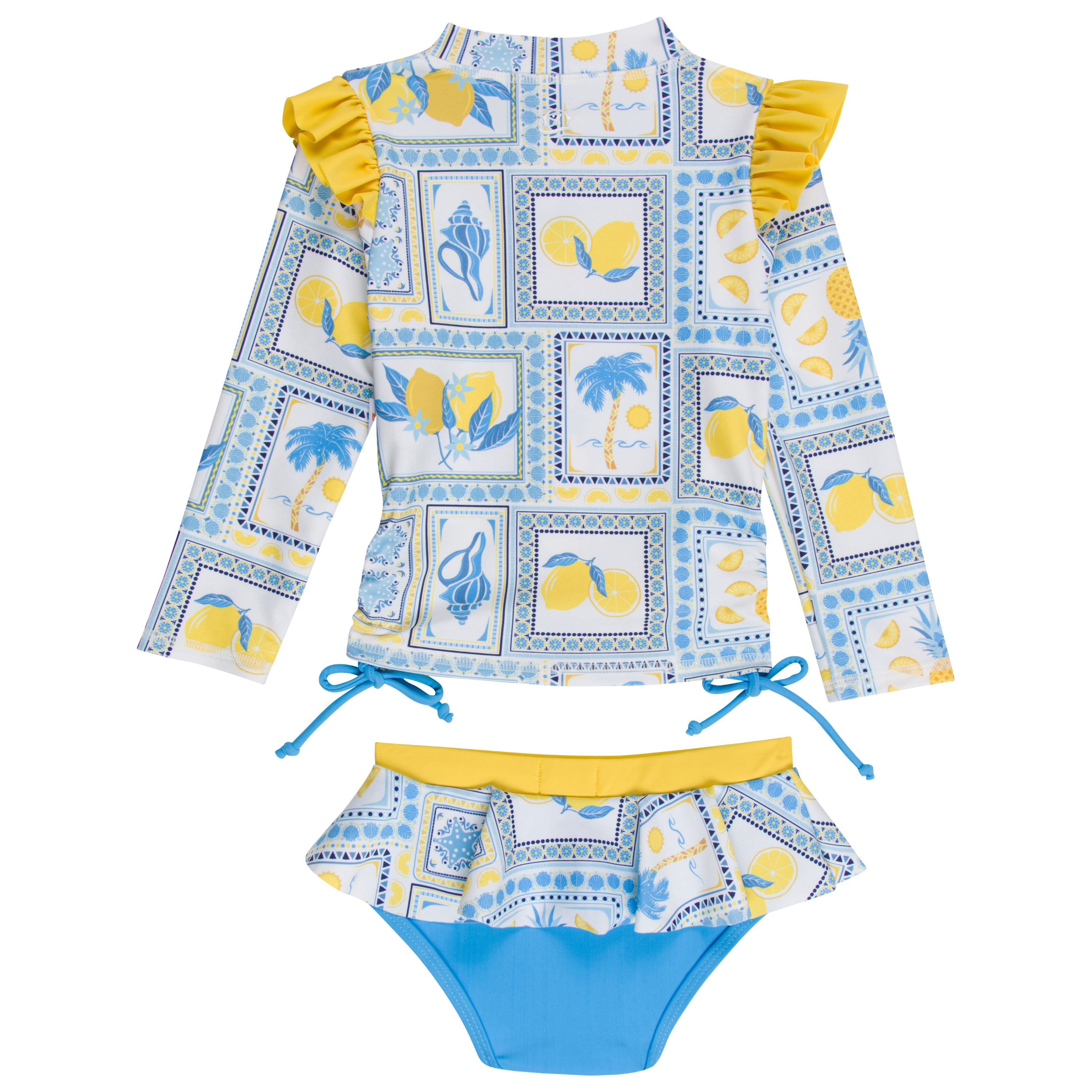 Girls Long Sleeve Rash Guard Ruffle Bottom Swimsuit Set (2 Piece) | "Mediterranean Lemons"-SwimZip UPF 50+ Sun Protective Swimwear & UV Zipper Rash Guards-pos8