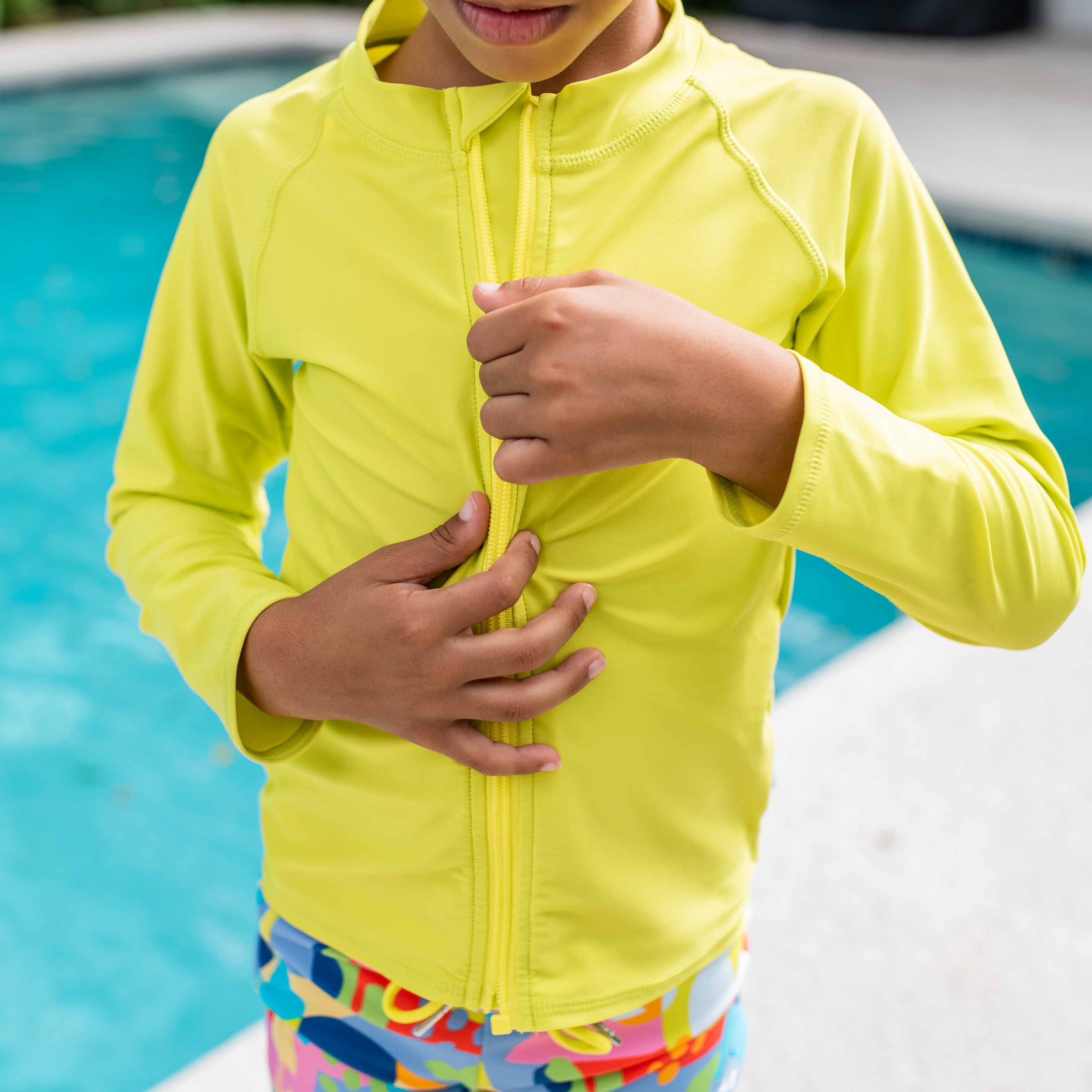 Kids UPF 50+ Long Sleeve Zipper Rash Guard Swim Shirt | "Sulphur Yellow"-SwimZip UPF 50+ Sun Protective Swimwear & UV Zipper Rash Guards-pos3