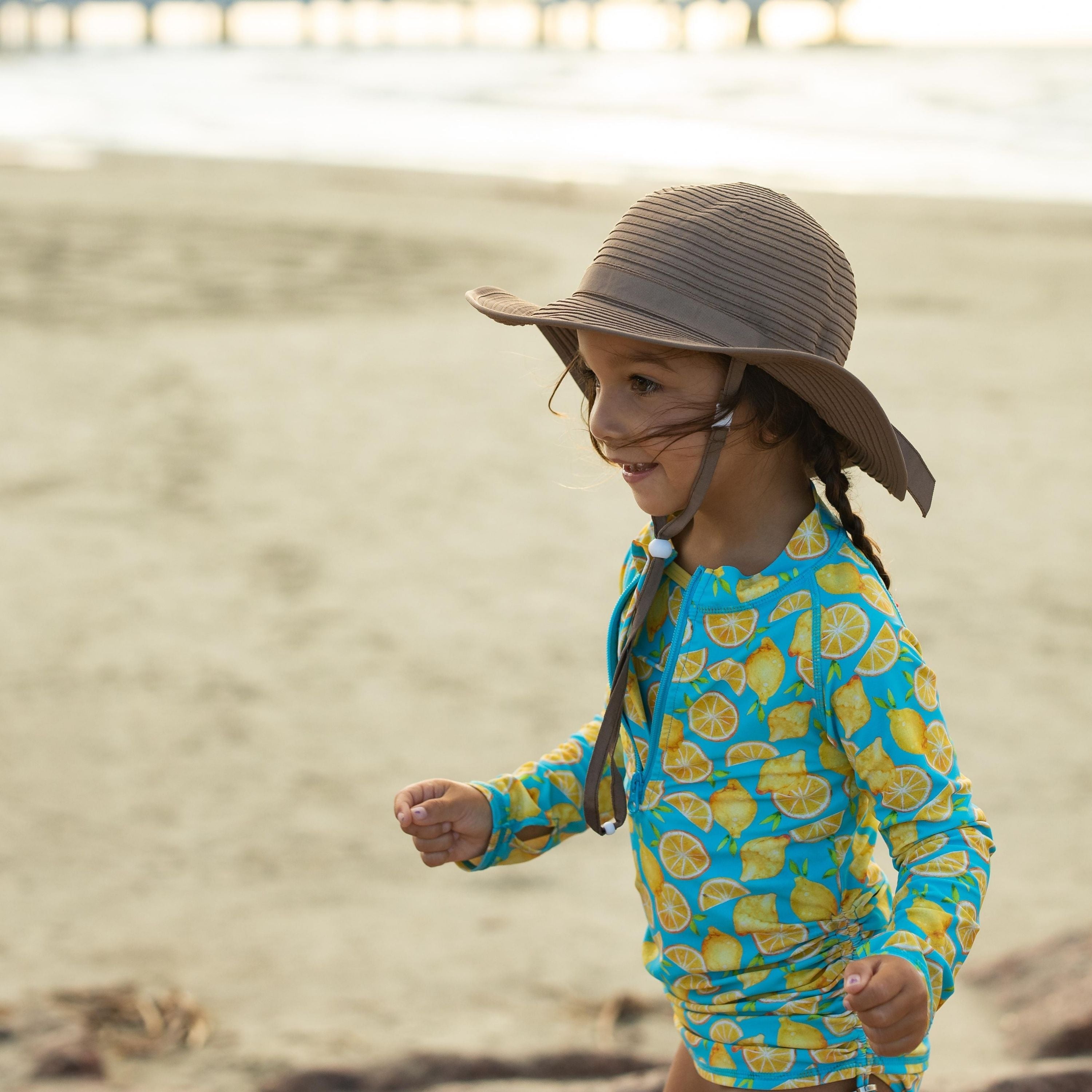 Girls Wide Brim Sun Hat - Brown-SwimZip UPF 50+ Sun Protective Swimwear & UV Zipper Rash Guards-pos12
