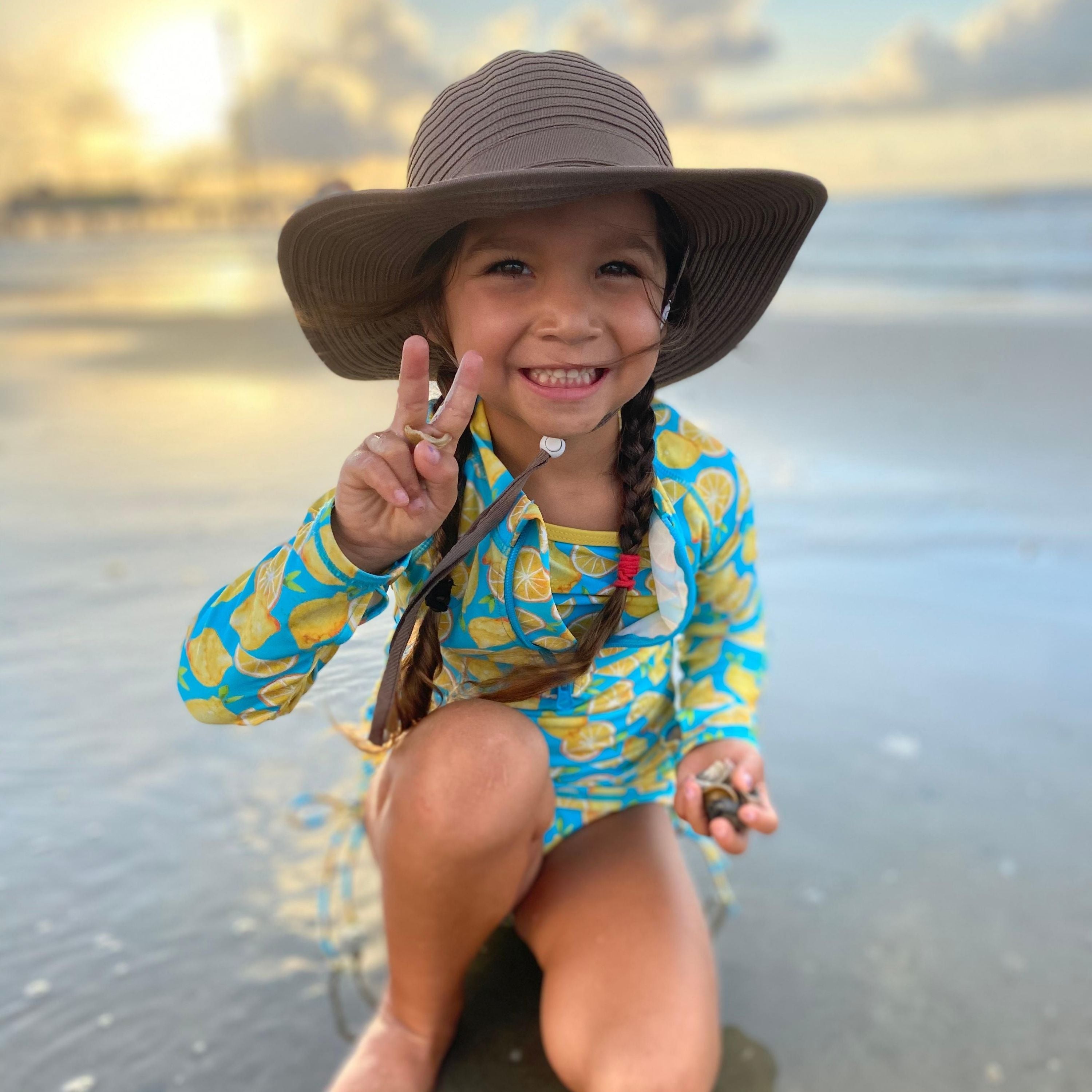 Girls Wide Brim Sun Hat - Brown-SwimZip UPF 50+ Sun Protective Swimwear & UV Zipper Rash Guards-pos13