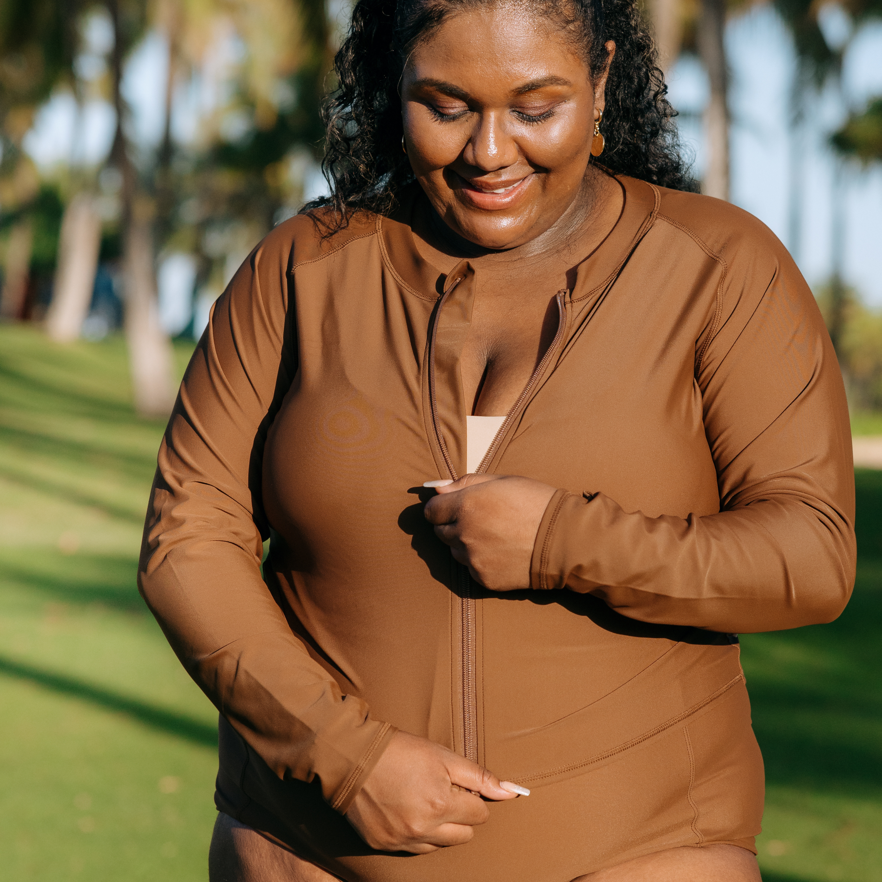 Women's Long Sleeve Crop Rash Guard | “Cold Brew”-SwimZip UPF 50+ Sun Protective Swimwear & UV Zipper Rash Guards-pos12