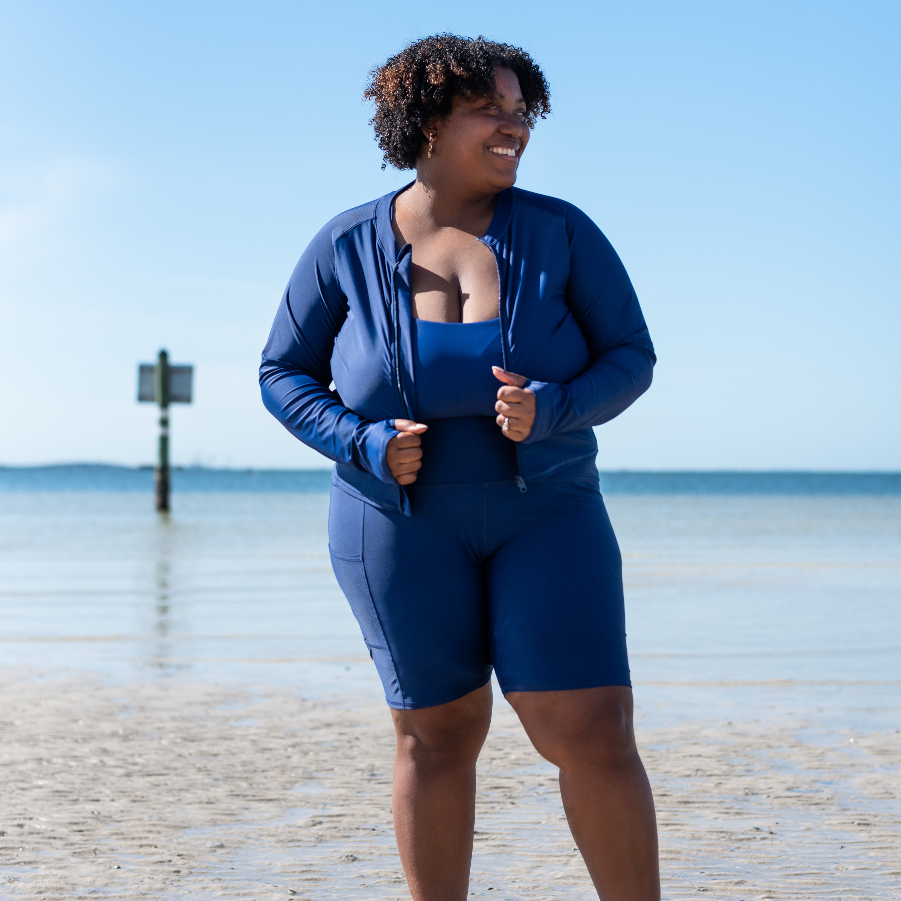 Women's Long Swim Bike Short with Pocket | “Navy”-SwimZip UPF 50+ Sun Protective Swimwear & UV Zipper Rash Guards-pos7