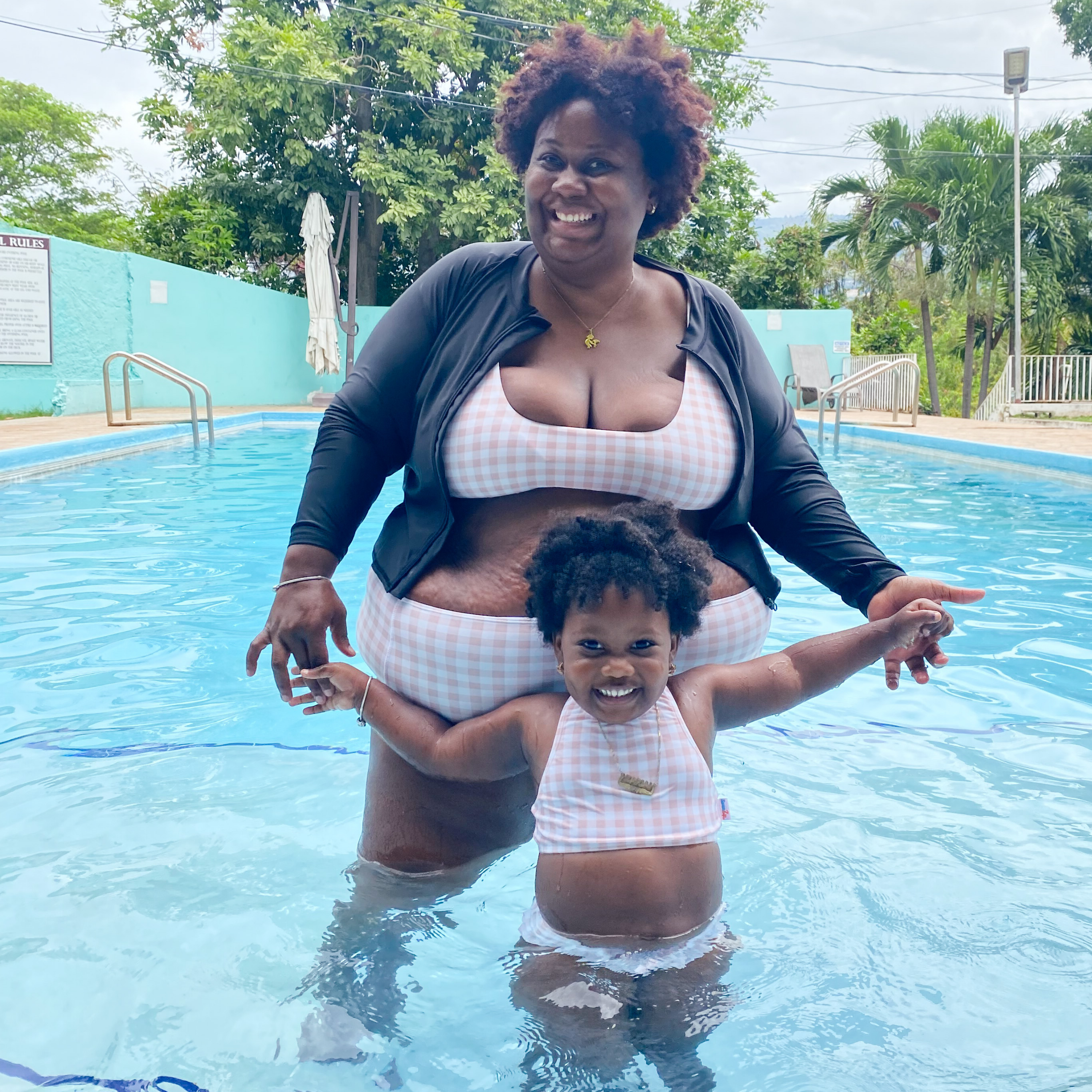 Girls Halter Top High-Waisted Set (2 Piece) | "Tied with a Bow" Pink Gingham-SwimZip UPF 50+ Sun Protective Swimwear & UV Zipper Rash Guards-pos12