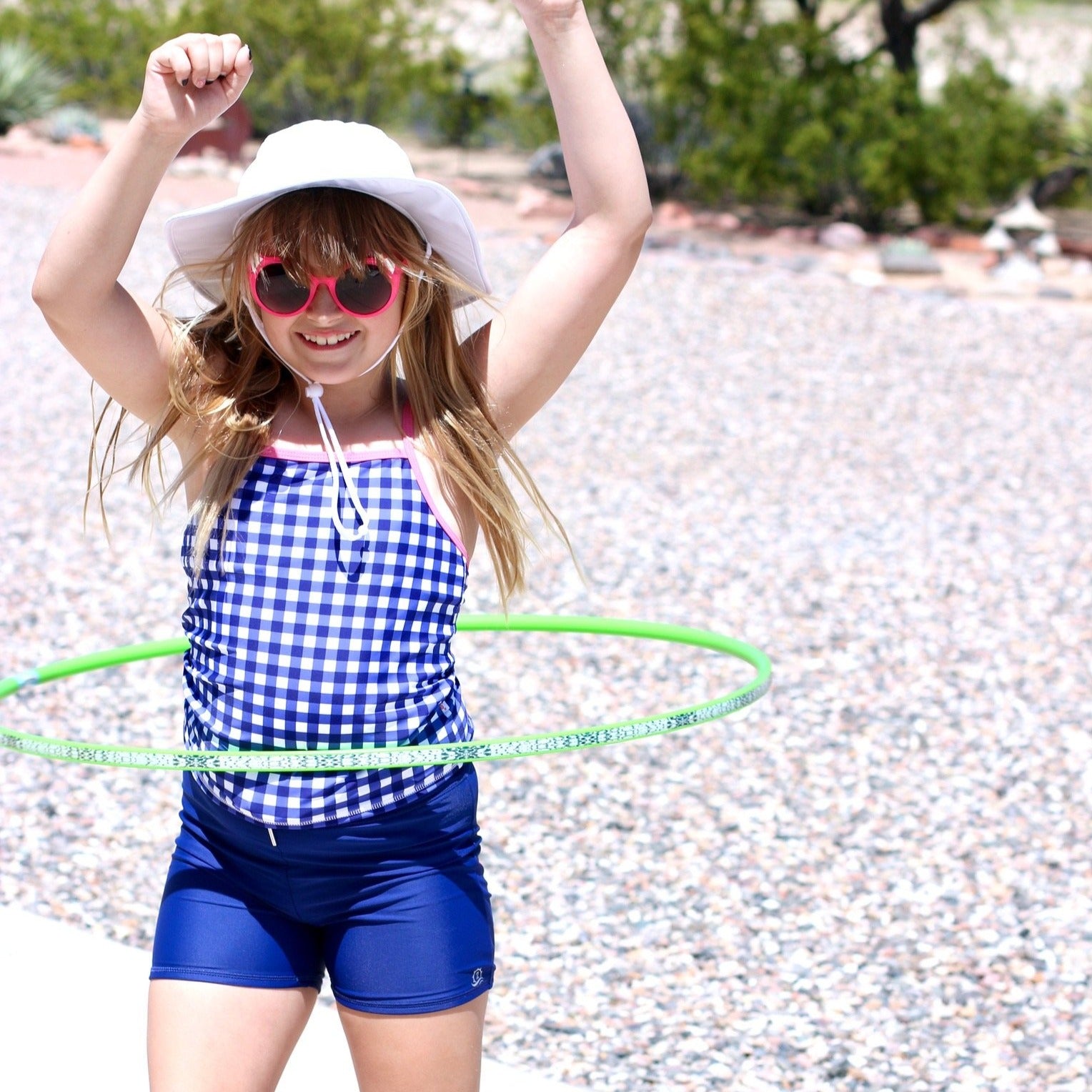 Girls Long Sleeve Rash Guard + Tankini Shorts Set (3 Piece) | "Navy Gingham"-SwimZip UPF 50+ Sun Protective Swimwear & UV Zipper Rash Guards-pos8