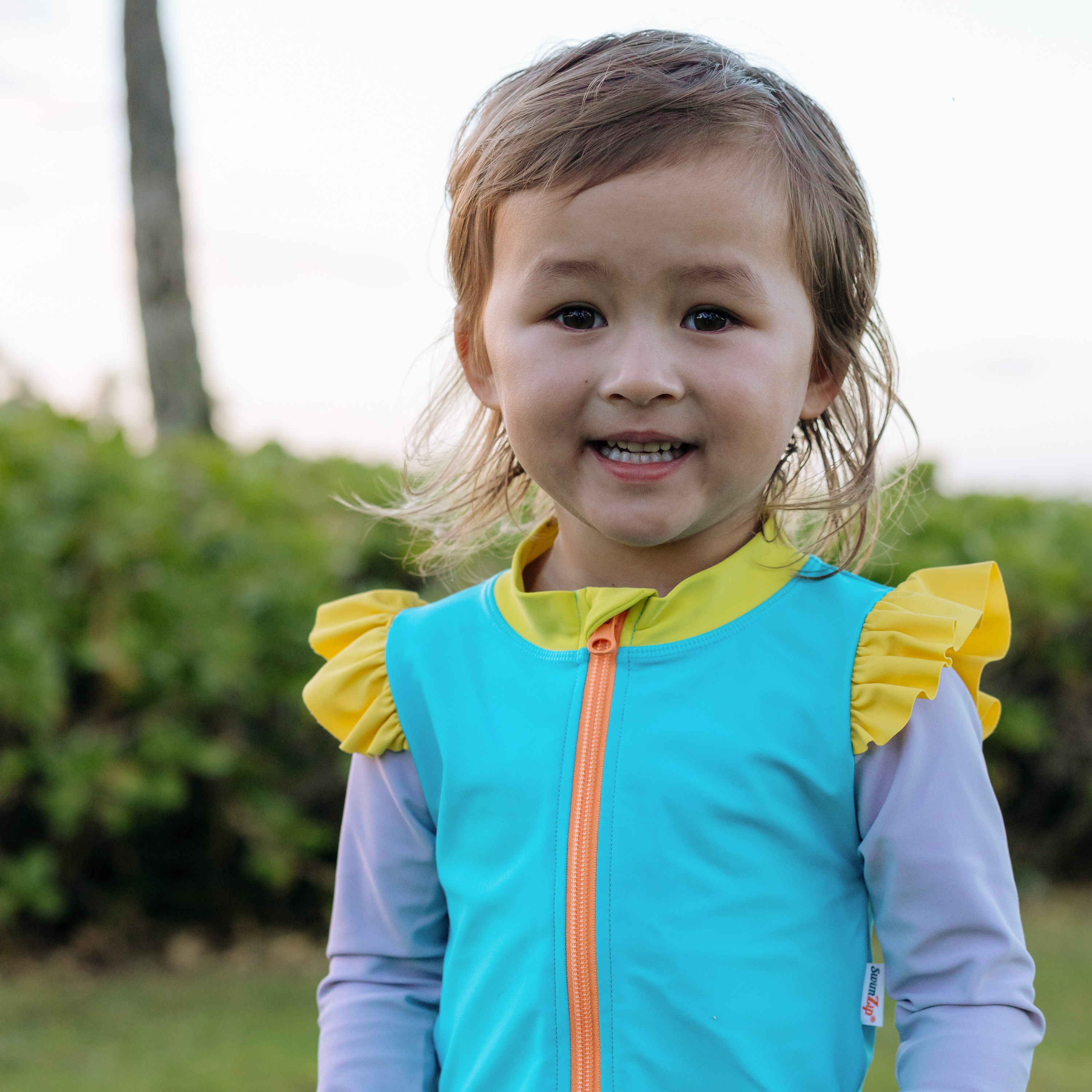 Girls Long Sleeve Rash Guard Ruffle Bottom Swimsuit Set (2 Piece) | "Color Pop"-SwimZip UPF 50+ Sun Protective Swimwear & UV Zipper Rash Guards-pos10