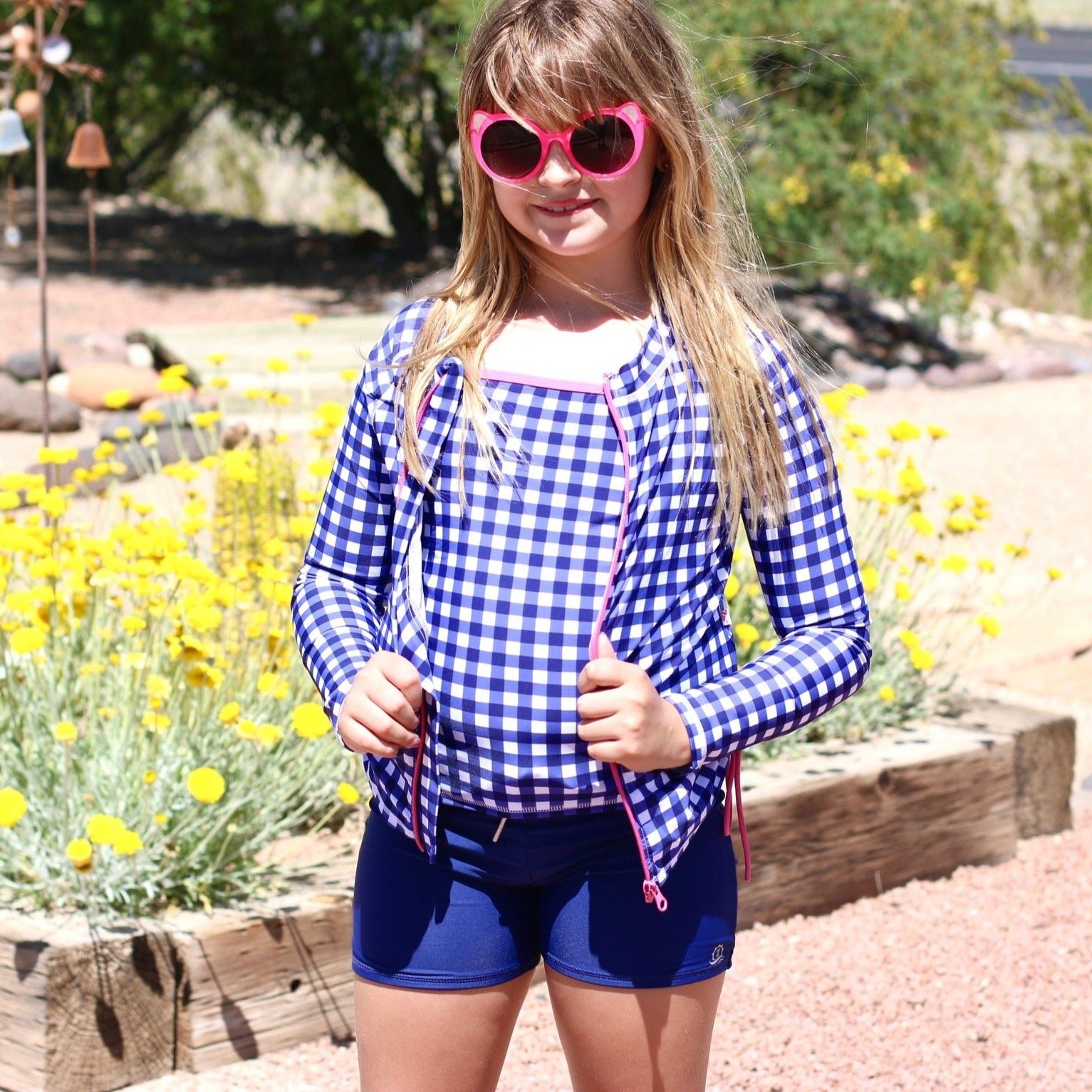 Girls Long Sleeve Rash Guard + Tankini Shorts Set (3 Piece) | "Navy Gingham"-SwimZip UPF 50+ Sun Protective Swimwear & UV Zipper Rash Guards-pos5