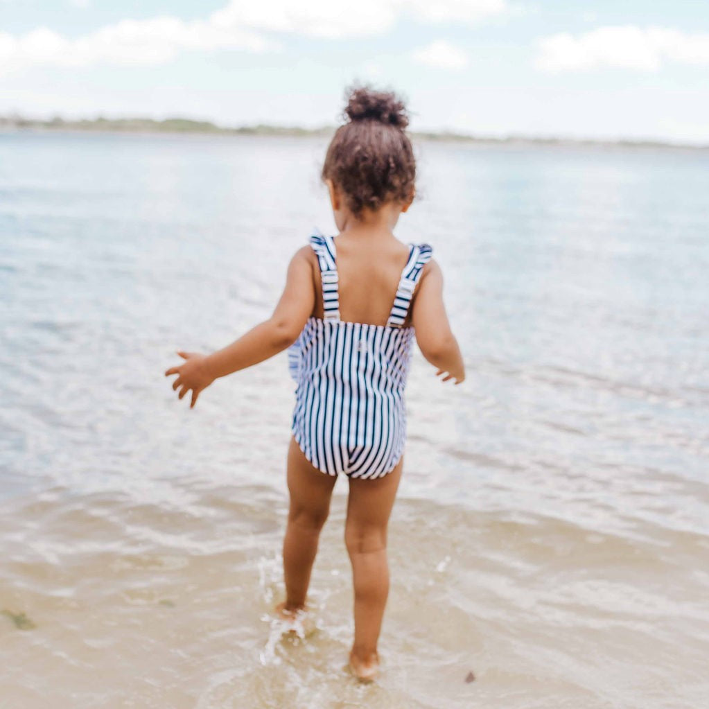 Girls Ruffle One-Piece Swimsuit | "Too Sweet" Mini Navy Stripe-SwimZip UPF 50+ Sun Protective Swimwear & UV Zipper Rash Guards-pos3
