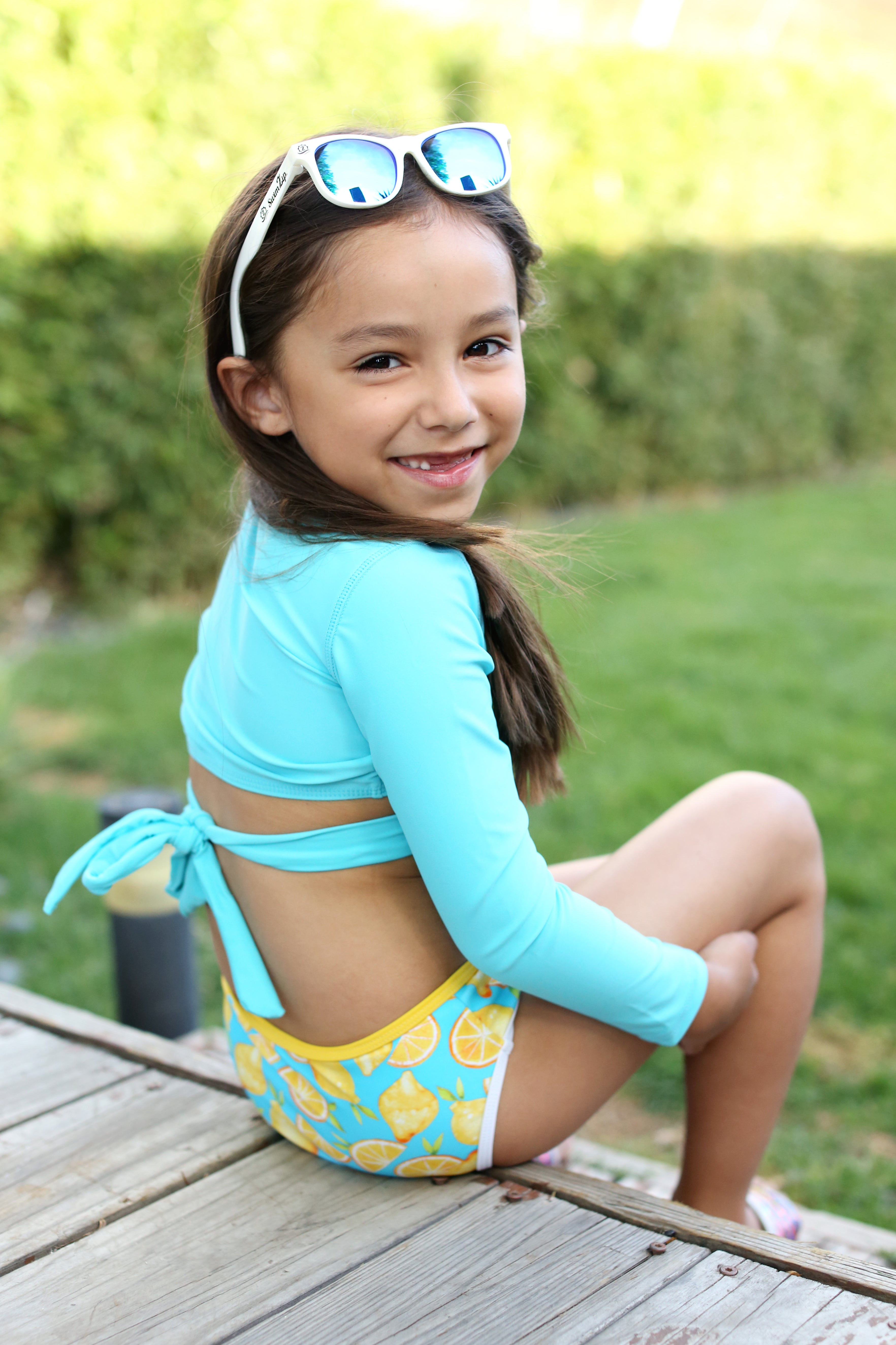 Girls Long Sleeve Swim Wrap Top - "Aqua"-SwimZip UPF 50+ Sun Protective Swimwear & UV Zipper Rash Guards-pos4